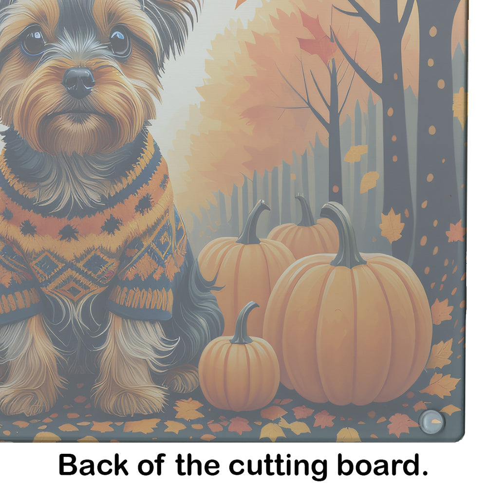 Yorkshire Terrier Fall Cutting Board Tempered Glass Kitchen Cutting Surface, Heat Resistant Chopping, Non-Slip Feet, Food Prep & Serving
