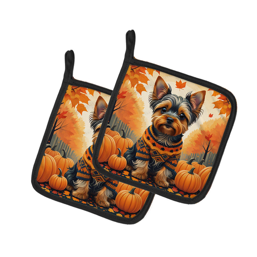 Yorkshire Terrier Fall Pot Holder Set of 2 Heat Resistant Quilted Hot Pads 7.5 x 7.5 Inch, Insulated Kitchen Trivets for Cooking & Baking