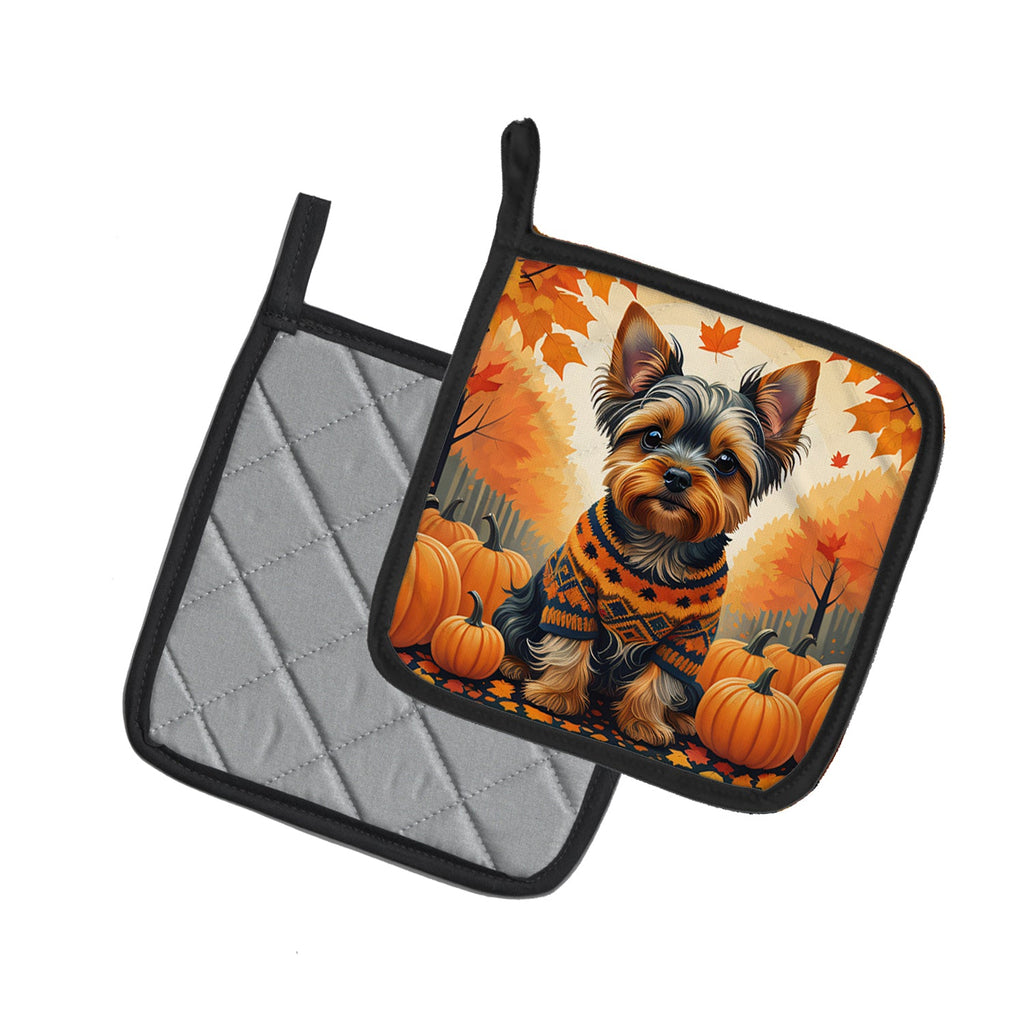 Yorkshire Terrier Fall Pot Holder Set of 2 Heat Resistant Quilted Hot Pads 7.5 x 7.5 Inch, Insulated Kitchen Trivets for Cooking & Baking