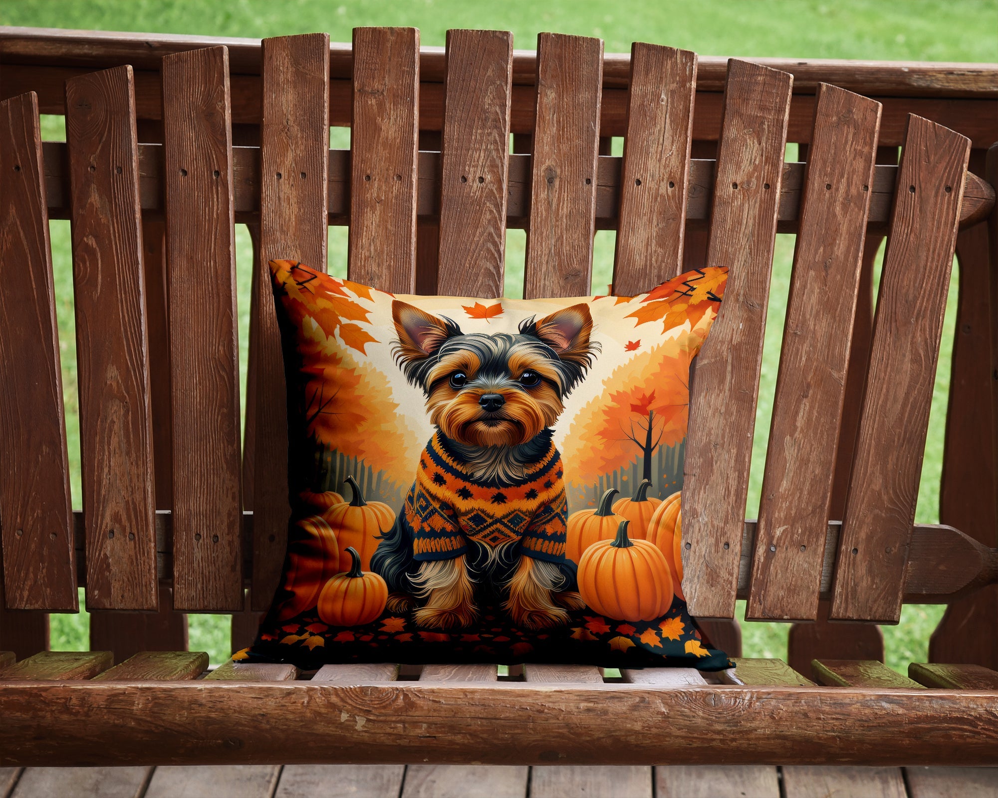 Yorkshire Terrier Fall Decorative Throw Pillow 14x14 Indoor Outdoor Accent Cushion, Fabric Cover with Insert for Sofa, Bed, Porch & Living Room