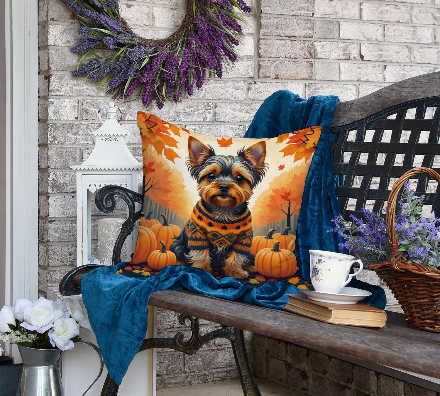 Yorkshire Terrier Fall Decorative Throw Pillow 18x18 Indoor Outdoor Accent Cushion, Fabric Cover with Insert for Sofa, Bed, Porch & Living Room