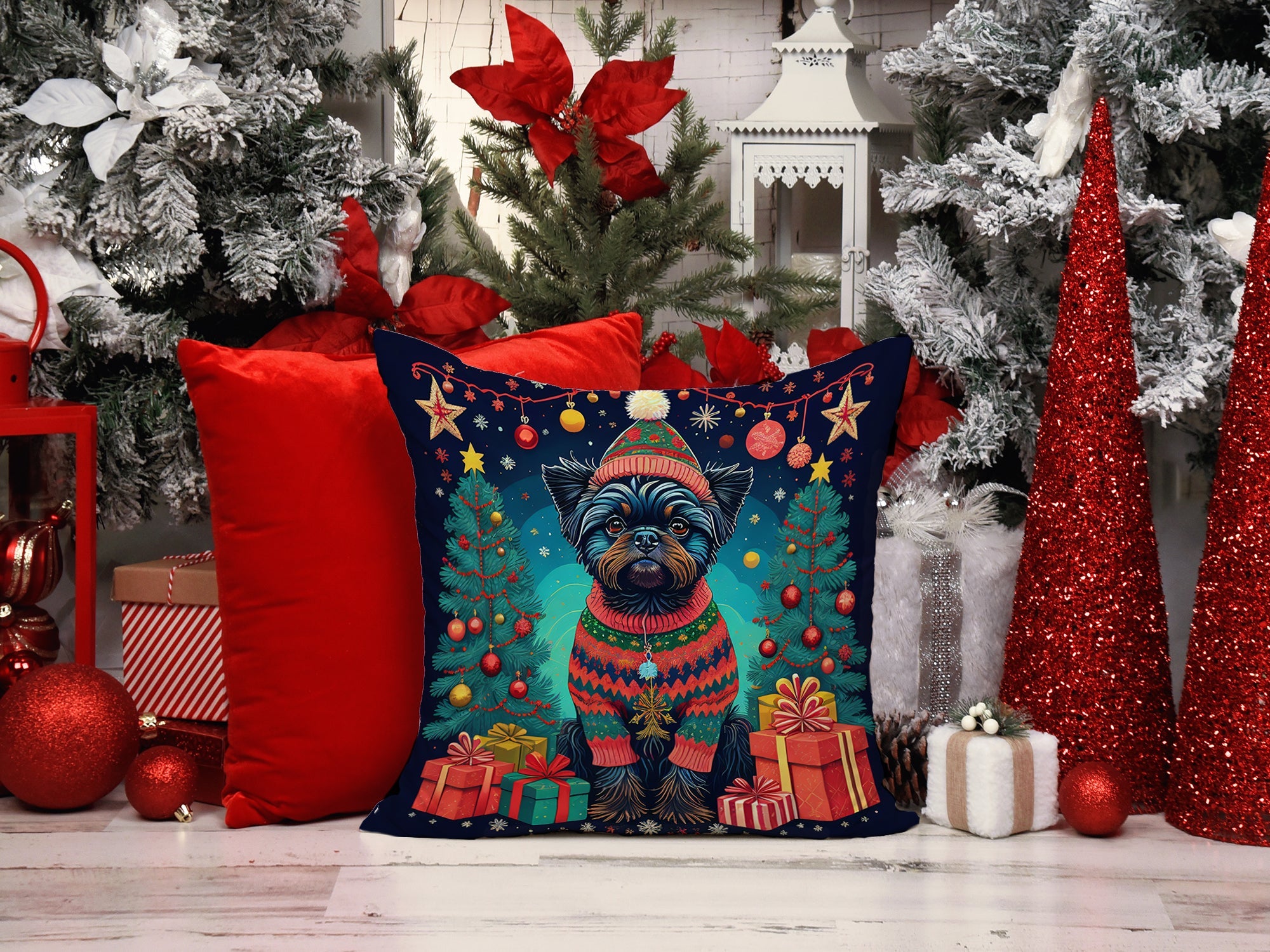Affenpinscher Christmas Decorative Throw Pillow 18x18 Indoor Outdoor Accent Cushion, Fabric Cover with Insert for Sofa, Bed, Porch & Living Room