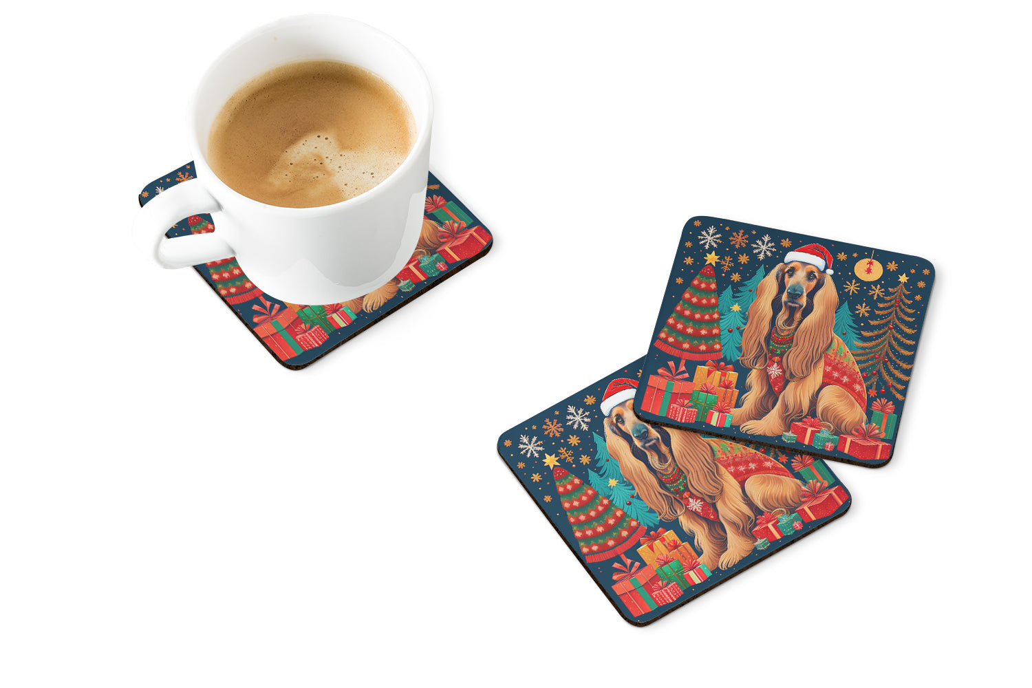 Afghan Hound Christmas Foam Coasters Set of 4 Cup Coasters for Indoor Outdoor, Tabletop Protection, Anti Slip, Mouse pad Material
