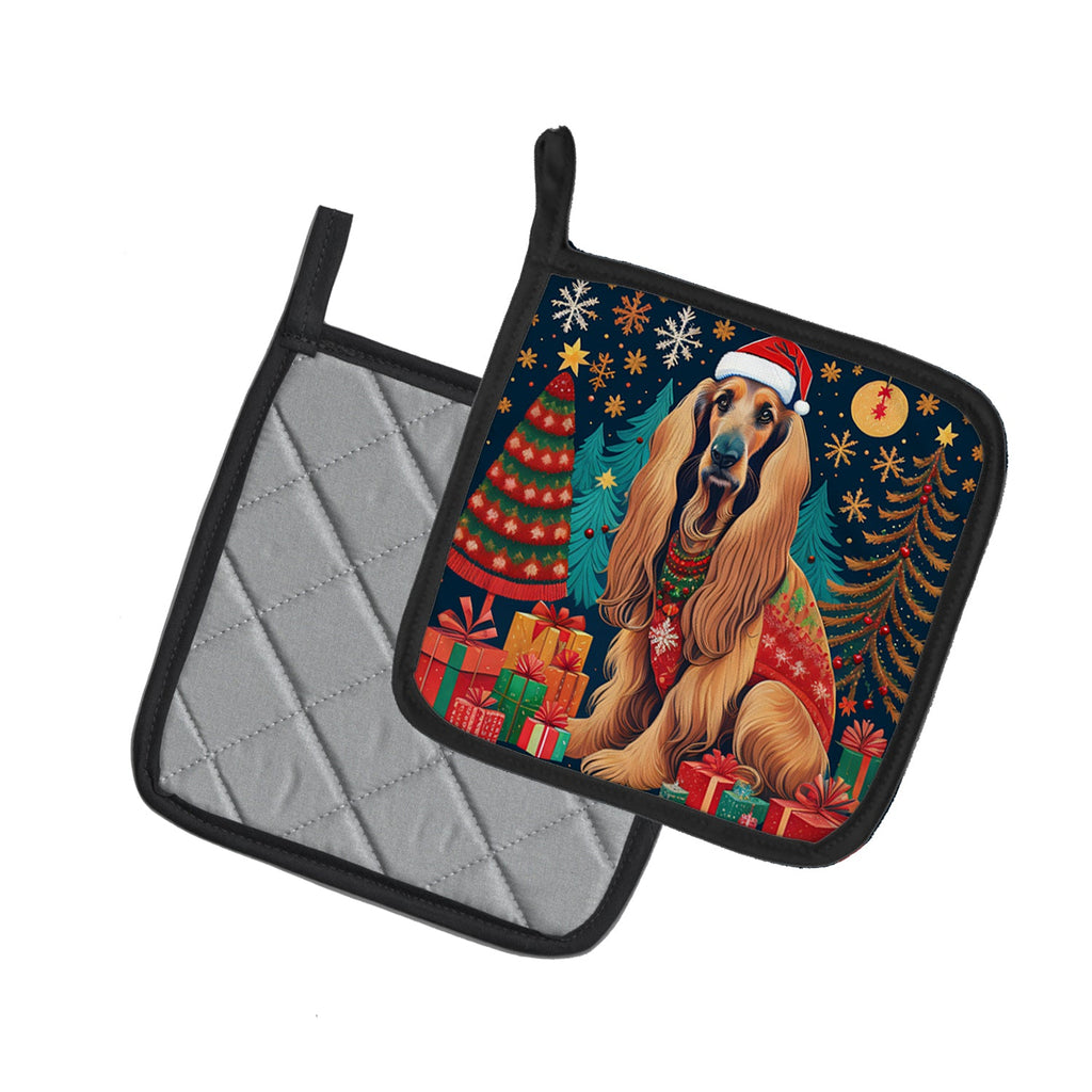 Afghan Hound Christmas Pot Holder Set of 2 Heat Resistant Quilted Hot Pads 7.5 x 7.5 Inch, Insulated Kitchen Trivets for Cooking & Baking