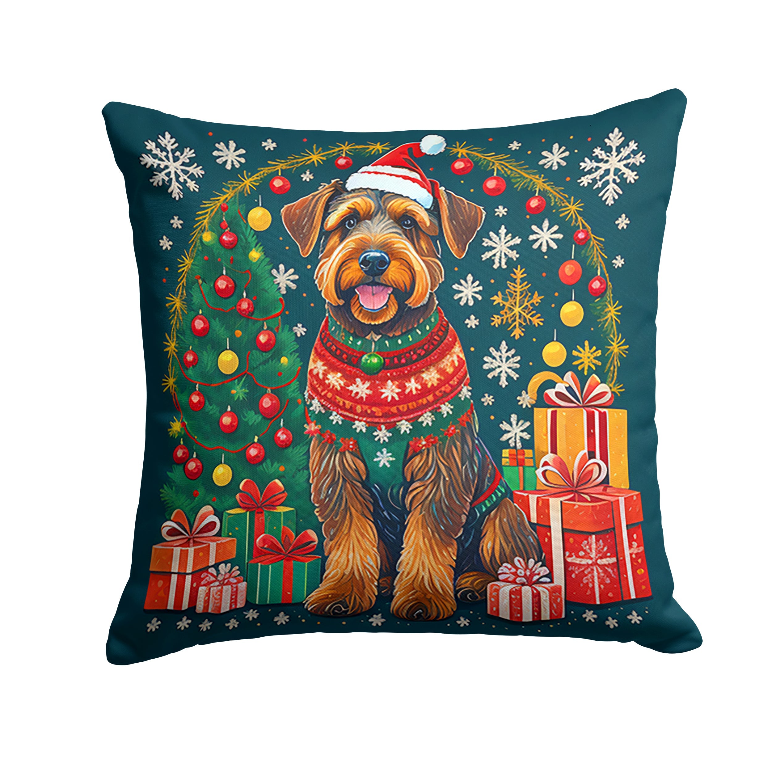 Airedale Terrier Christmas Decorative Throw Pillow 14x14 Indoor Outdoor Accent Cushion, Fabric Cover with Insert for Sofa, Bed, Porch & Living Room