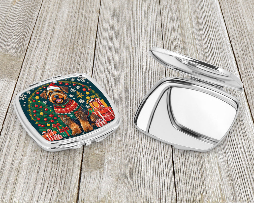 Airedale Terrier Christmas Compact Mirror Decorative Travel Makeup Mirror for Women Girls Gifts Pocket Makeup Mirror Folding Handheld