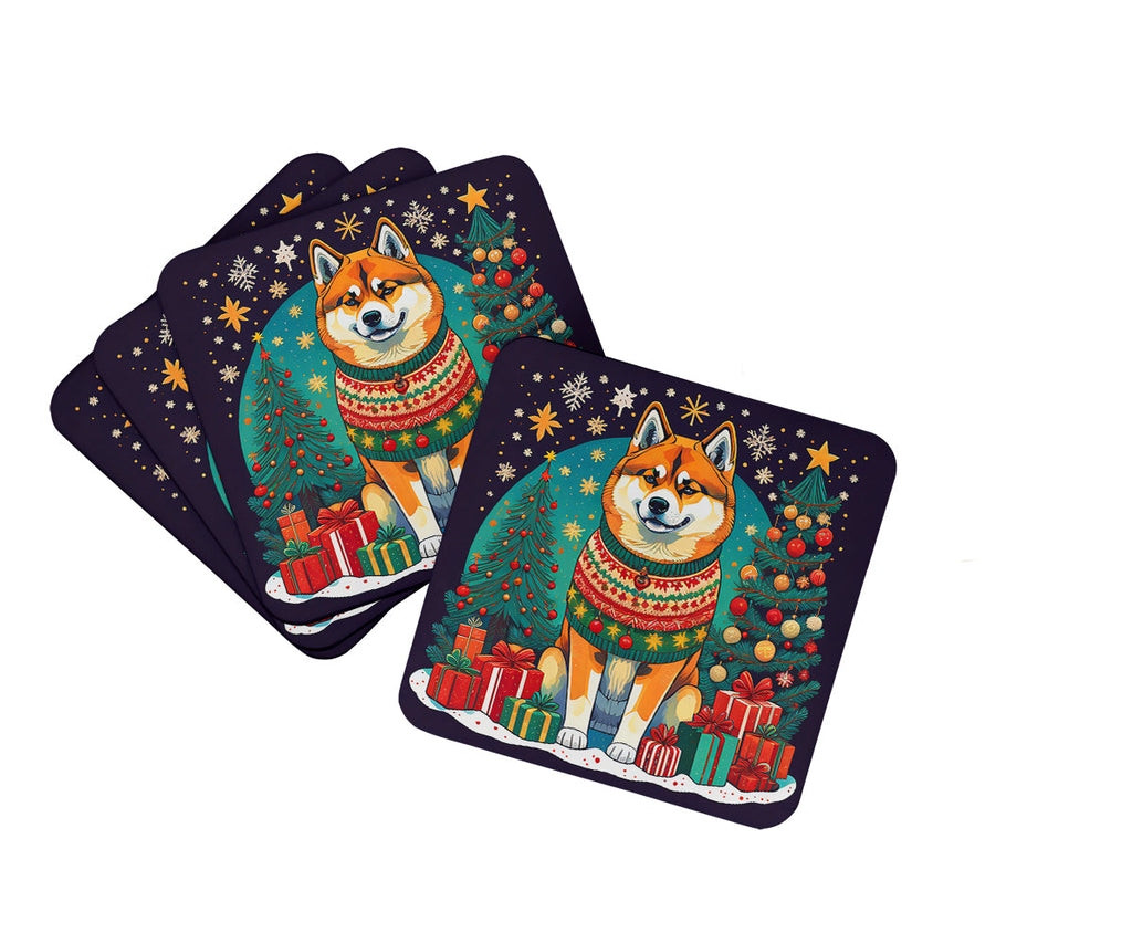 Akita Christmas Foam Coasters Set of 4 Cup Coasters for Indoor Outdoor, Tabletop Protection, Anti Slip, Mouse pad Material