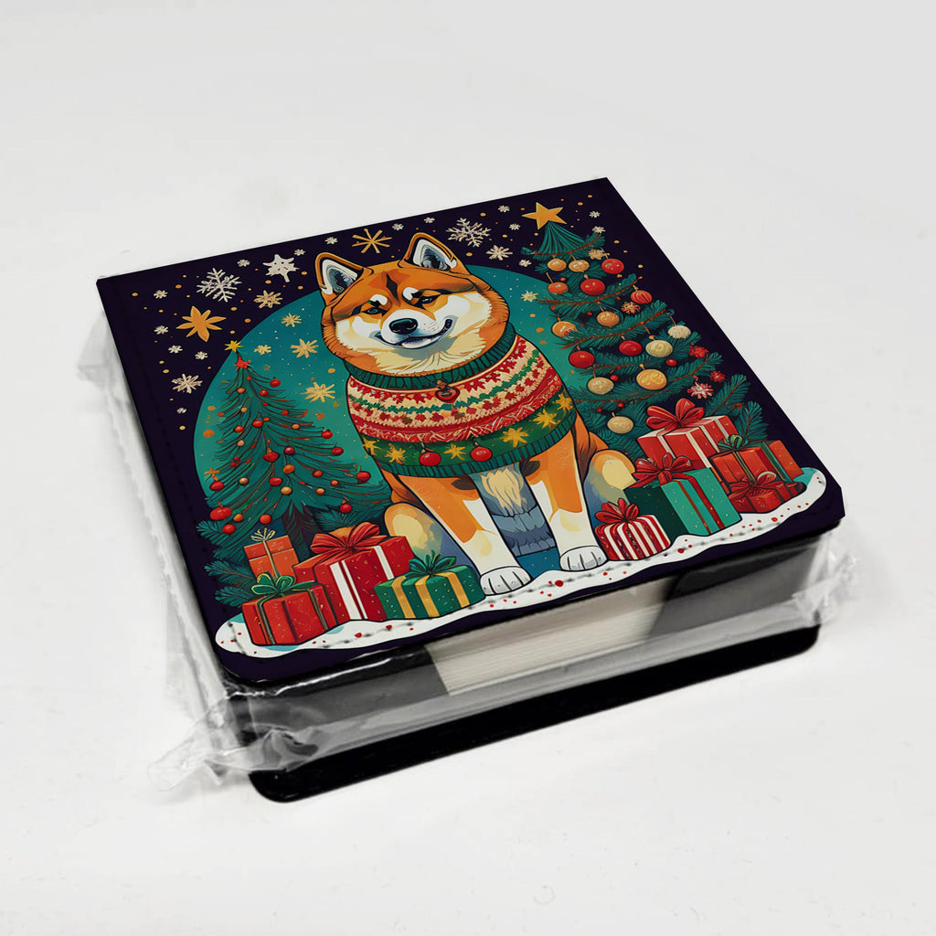 Akita Christmas PU Leather Note Paper Holder with Artist-Designed Cover, Desk Accessory, Office Gift