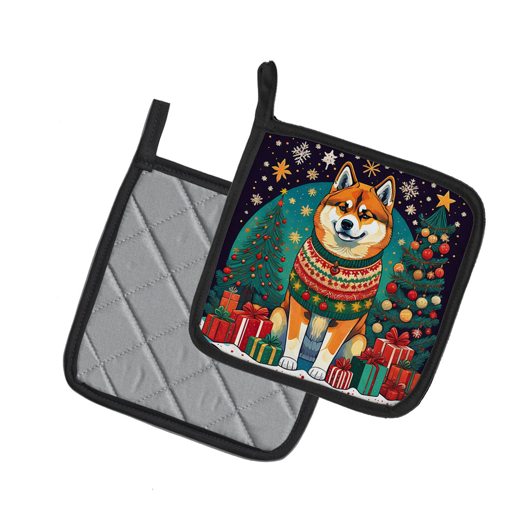 Akita Christmas Pot Holder Set of 2 Heat Resistant Quilted Hot Pads 7.5 x 7.5 Inch, Insulated Kitchen Trivets for Cooking & Baking