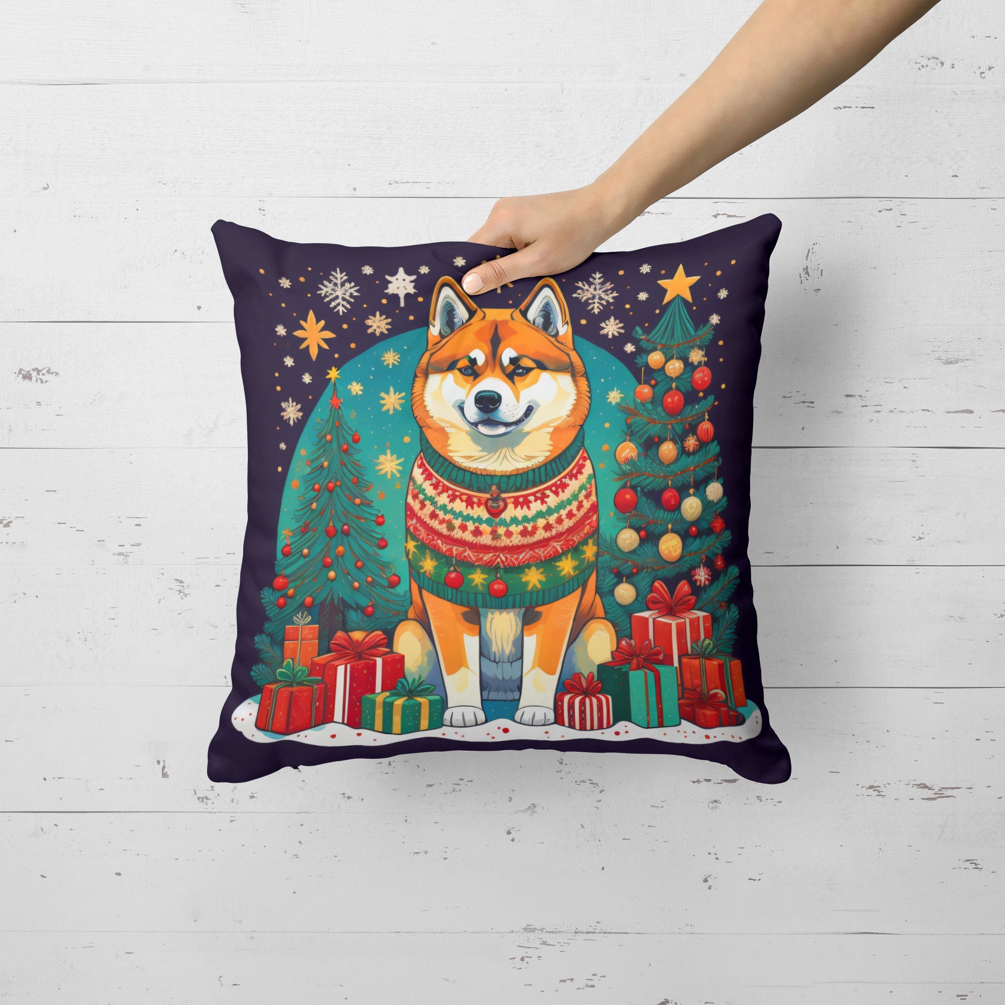 Akita Christmas Decorative Throw Pillow 14x14 Indoor Outdoor Accent Cushion, Fabric Cover with Insert for Sofa, Bed, Porch & Living Room