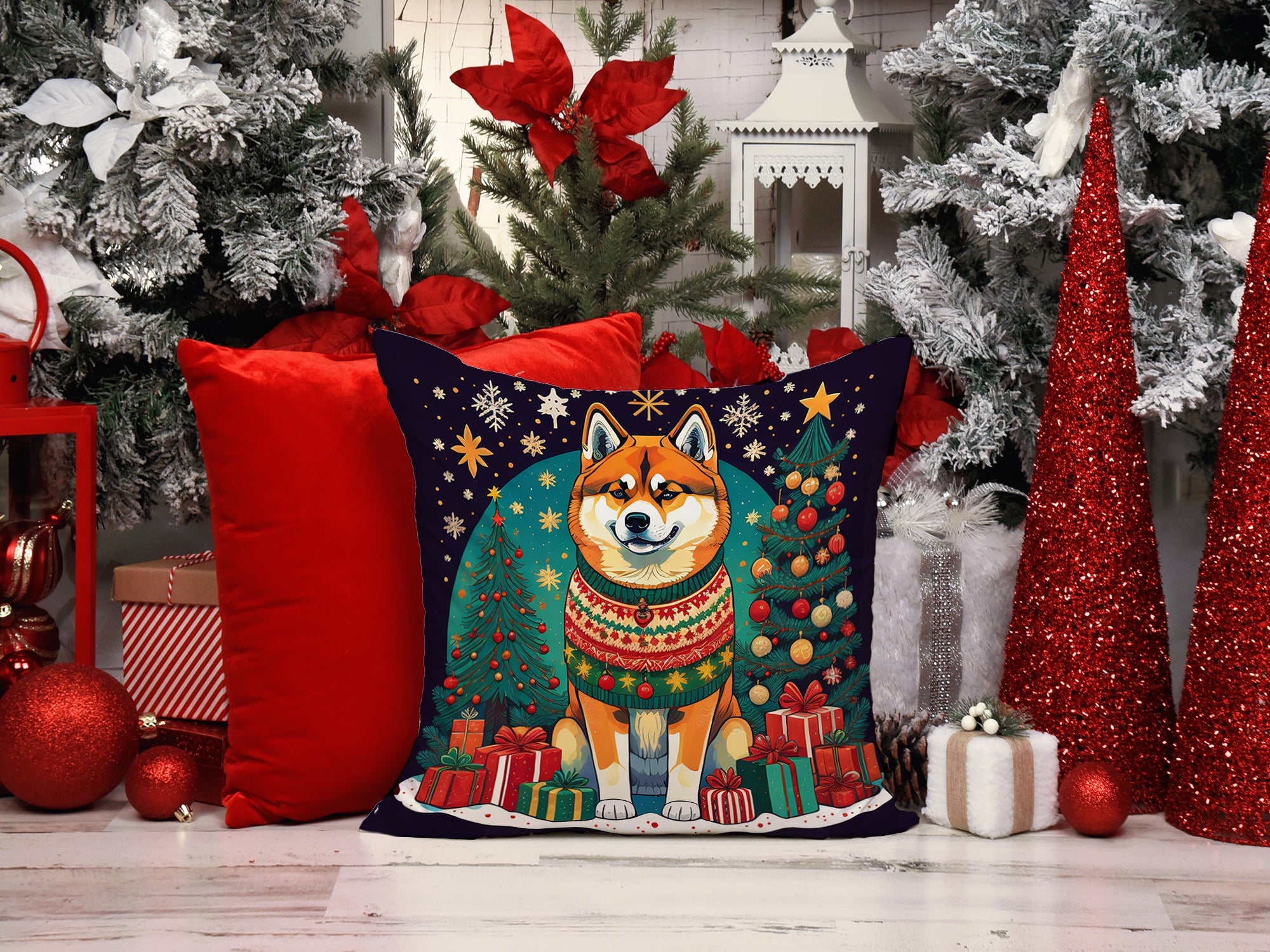 Akita Christmas Decorative Throw Pillow 14x14 Indoor Outdoor Accent Cushion, Fabric Cover with Insert for Sofa, Bed, Porch & Living Room