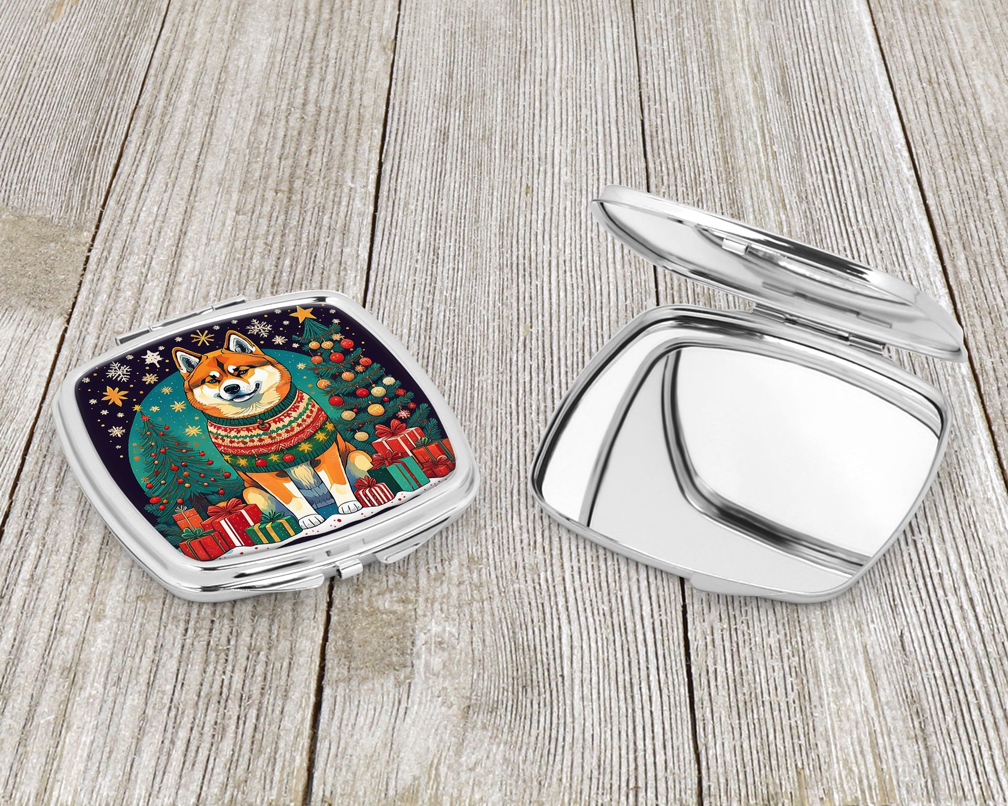 Akita Christmas Compact Mirror Decorative Travel Makeup Mirror for Women Girls Gifts Pocket Makeup Mirror Folding Handheld