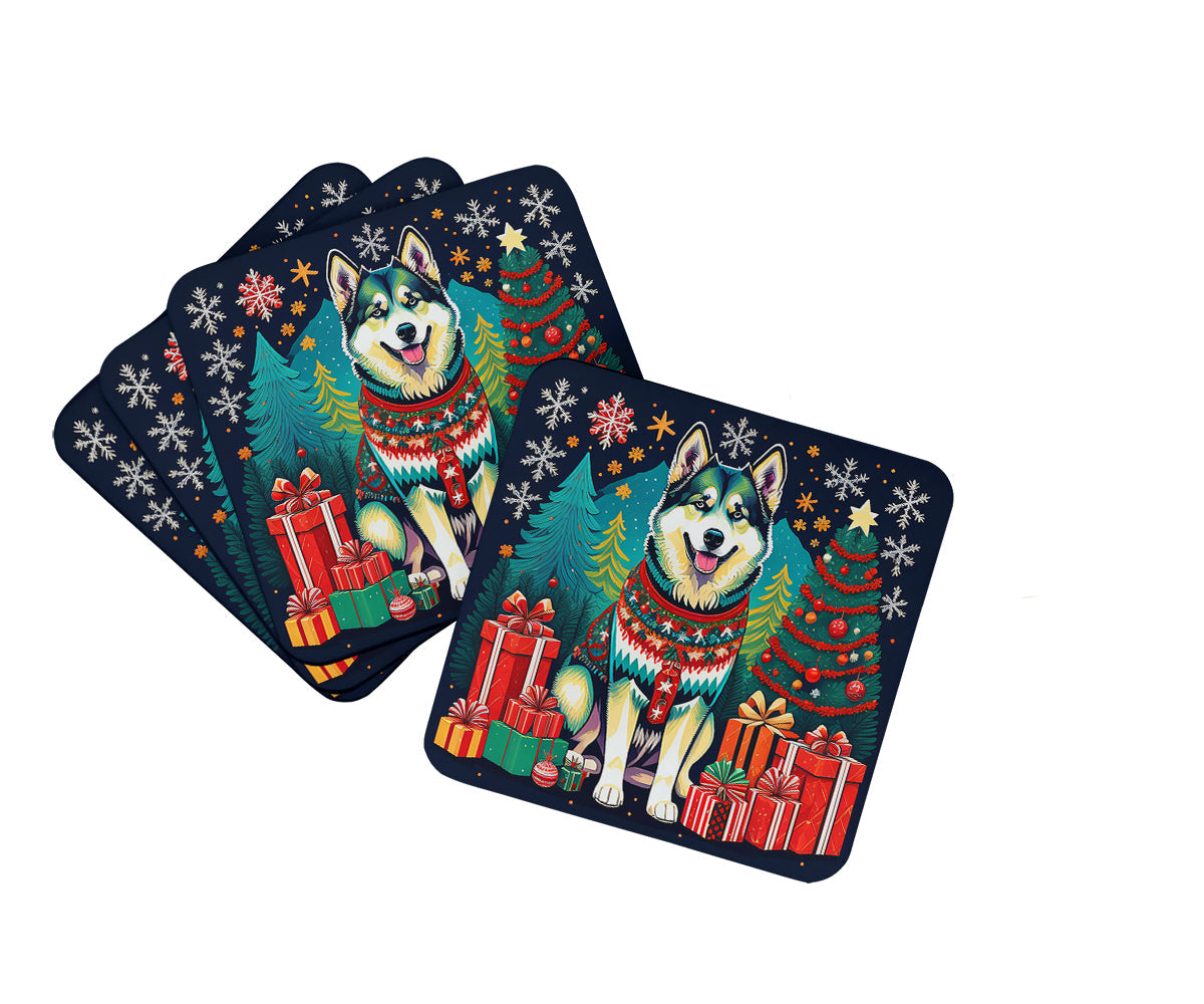 Alaskan Malamute Christmas Foam Coasters Set of 4 Cup Coasters for Indoor Outdoor, Tabletop Protection, Anti Slip, Mouse pad Material