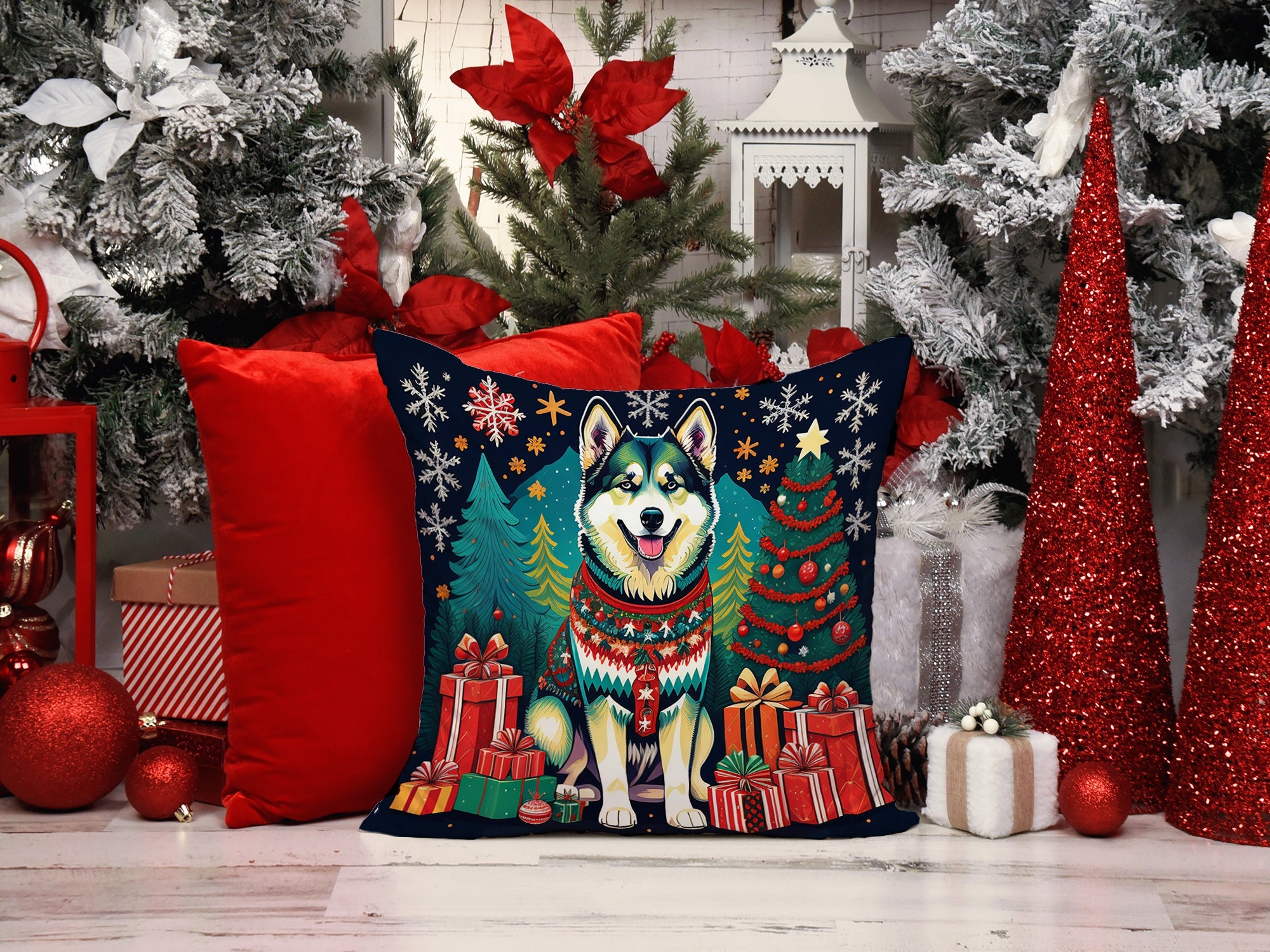 Alaskan Malamute Christmas Decorative Throw Pillow 18x18 Indoor Outdoor Accent Cushion, Fabric Cover with Insert for Sofa, Bed, Porch & Living Room