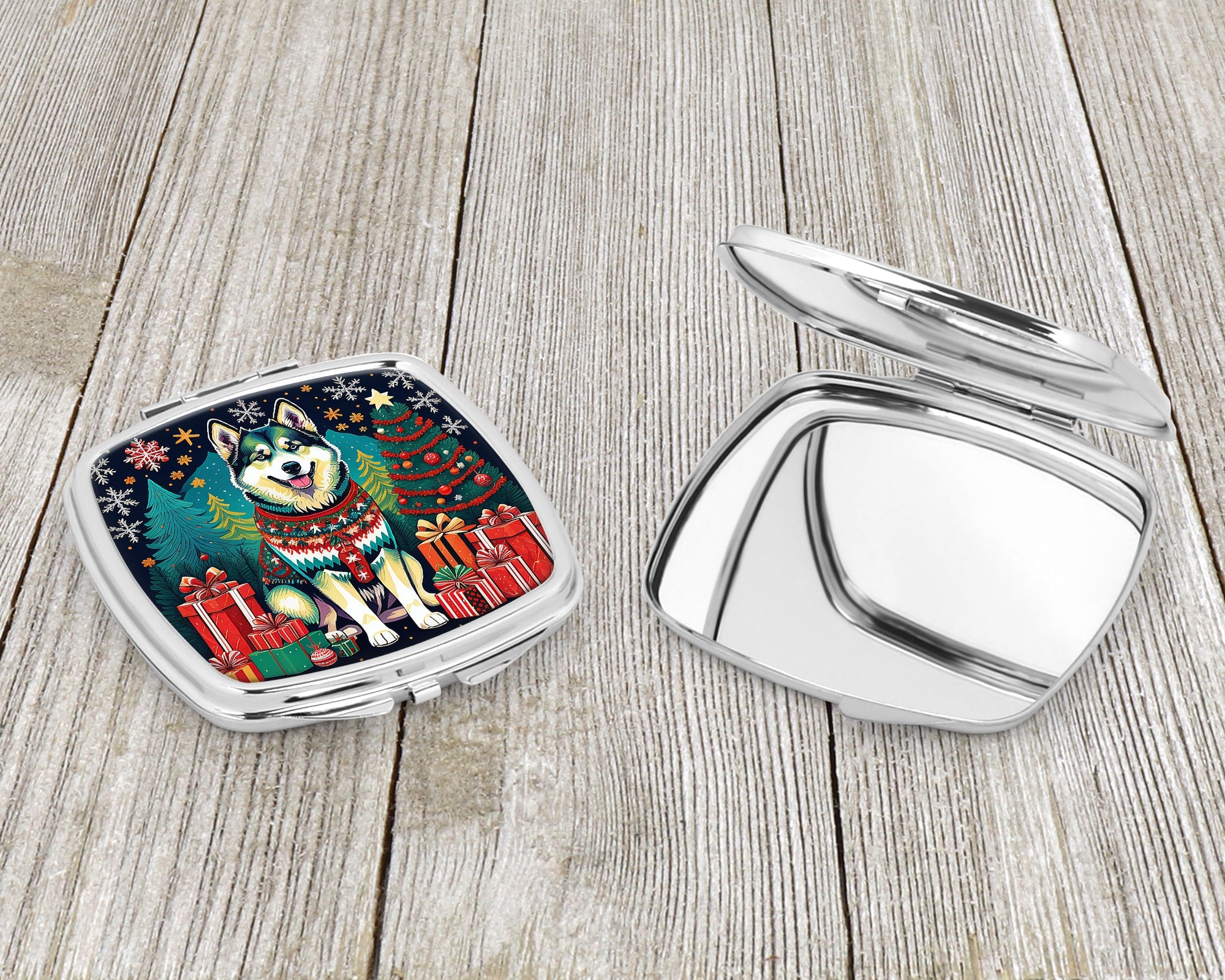 Alaskan Malamute Christmas Compact Mirror Decorative Travel Makeup Mirror for Women Girls Gifts Pocket Makeup Mirror Folding Handheld