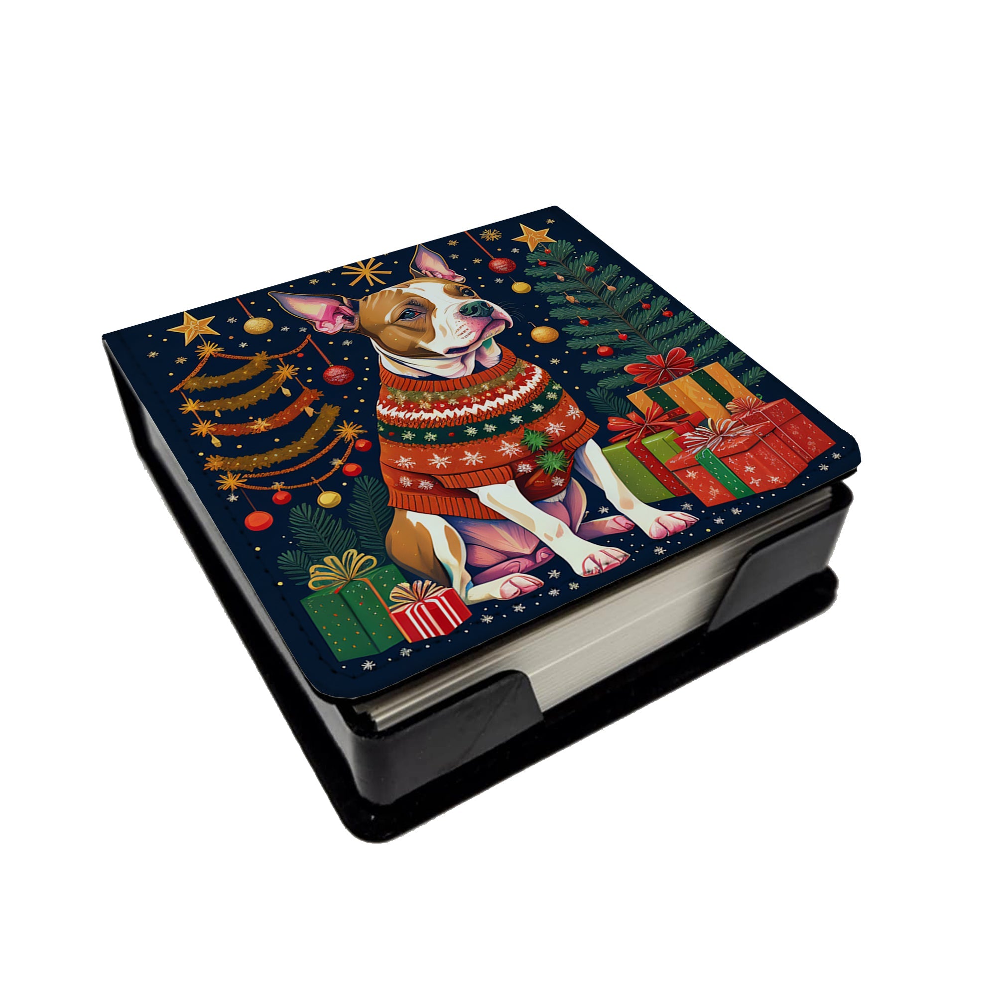 Pit Bull Terrier Christmas PU Leather Note Paper Holder with Artist-Designed Cover, Desk Accessory, Office Gift