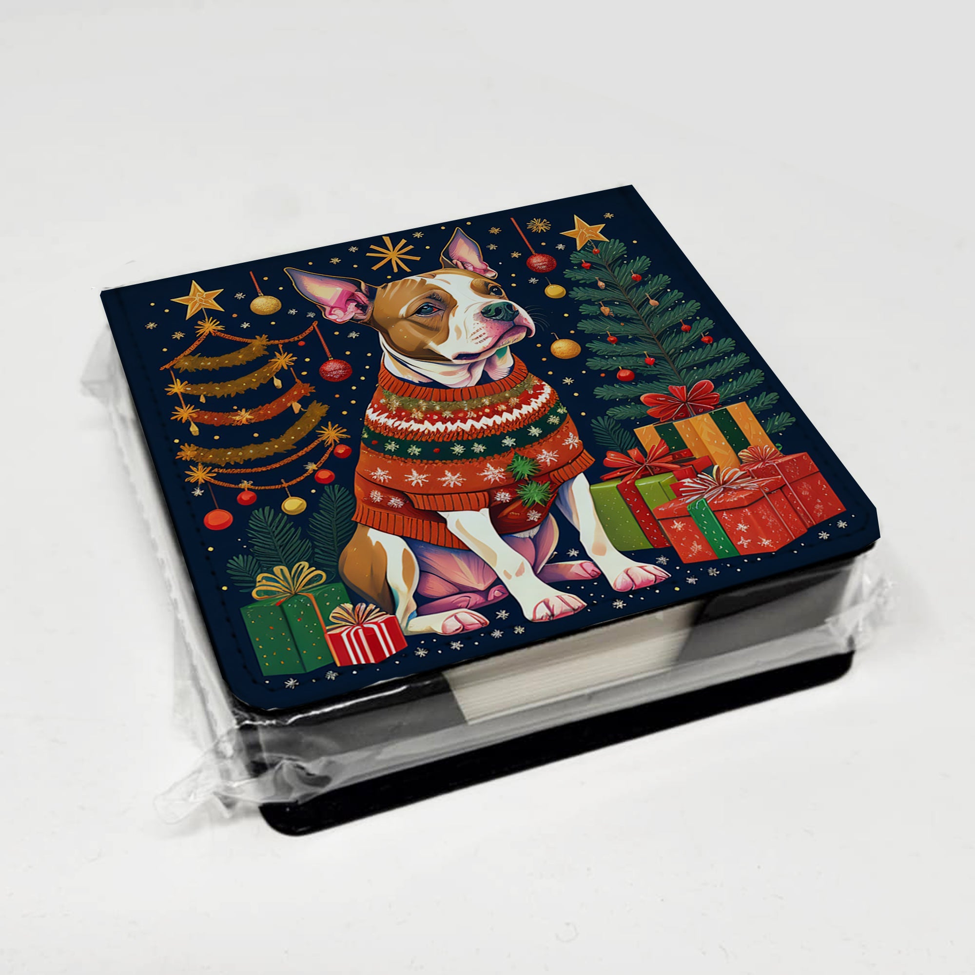 Pit Bull Terrier Christmas PU Leather Note Paper Holder with Artist-Designed Cover, Desk Accessory, Office Gift