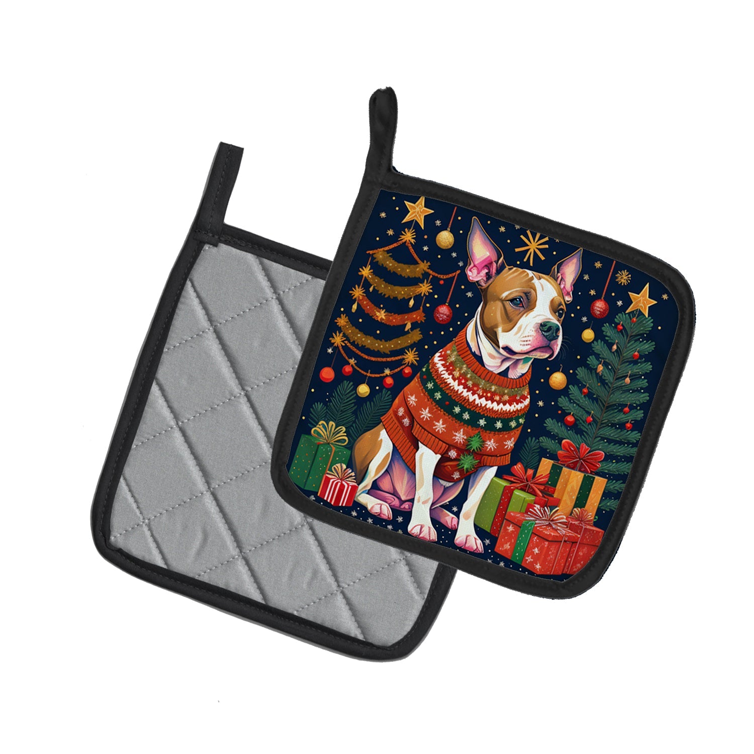 Pit Bull Terrier Christmas Pot Holder Set of 2 Heat Resistant Quilted Hot Pads 7.5 x 7.5 Inch, Insulated Kitchen Trivets for Cooking & Baking