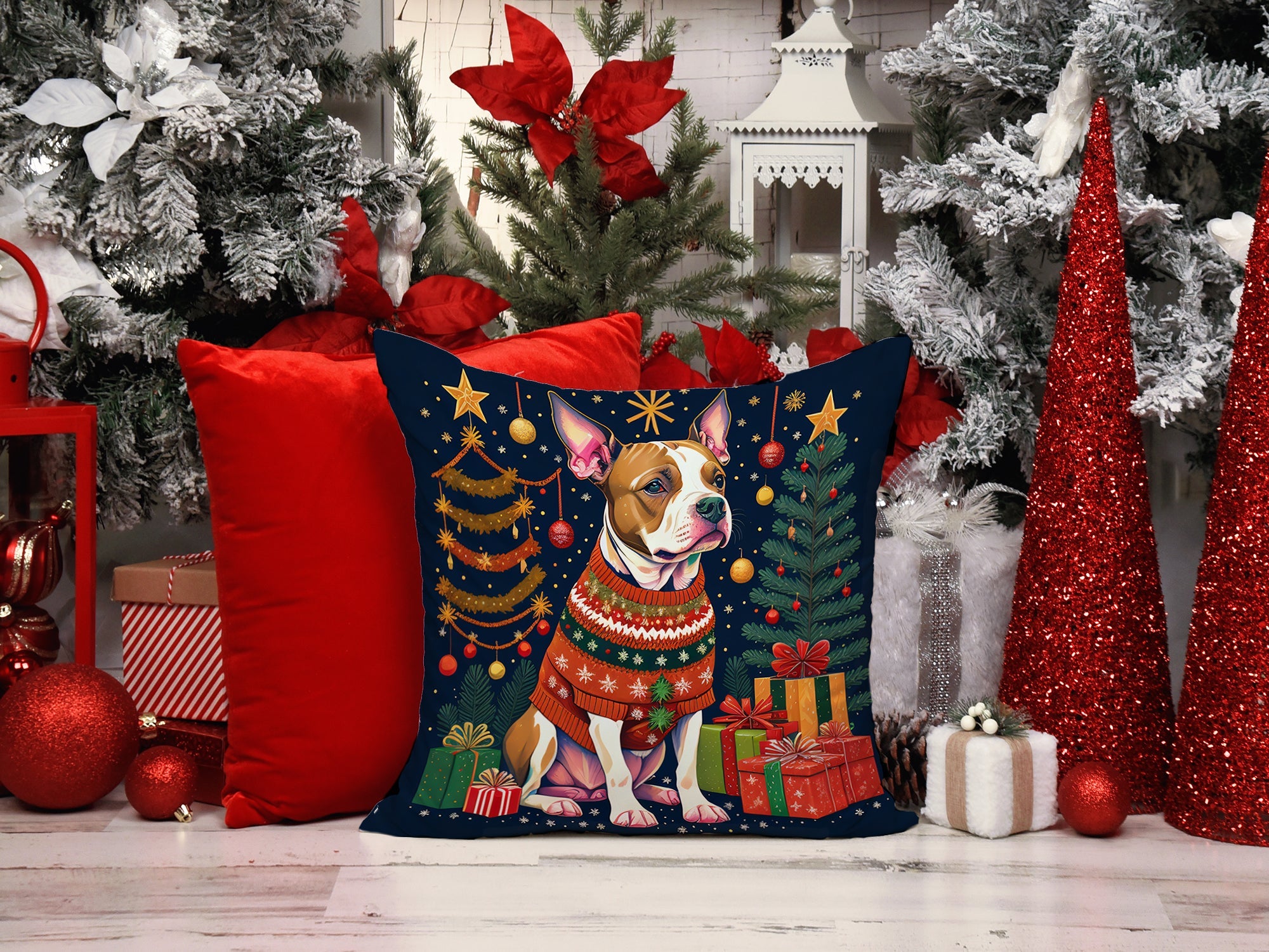 Pit Bull Terrier Christmas Decorative Throw Pillow 14x14 Indoor Outdoor Accent Cushion, Fabric Cover with Insert for Sofa, Bed, Porch & Living Room