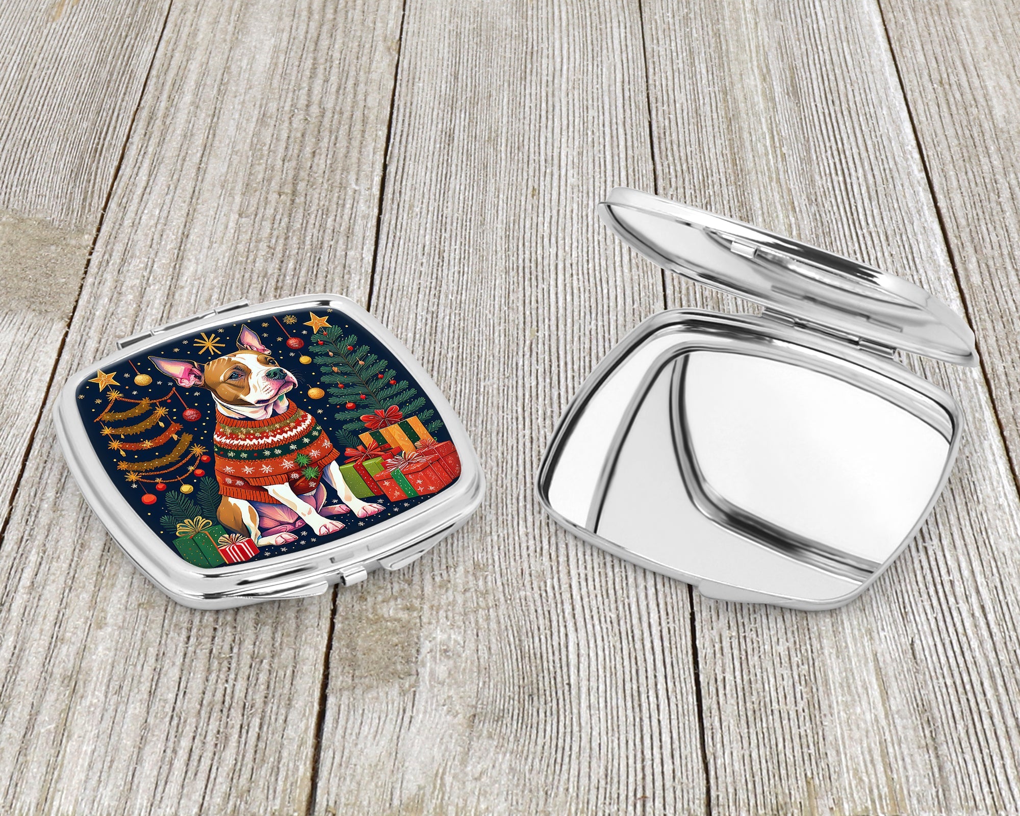 Pit Bull Terrier Christmas Compact Mirror Decorative Travel Makeup Mirror for Women Girls Gifts Pocket Makeup Mirror Folding Handheld