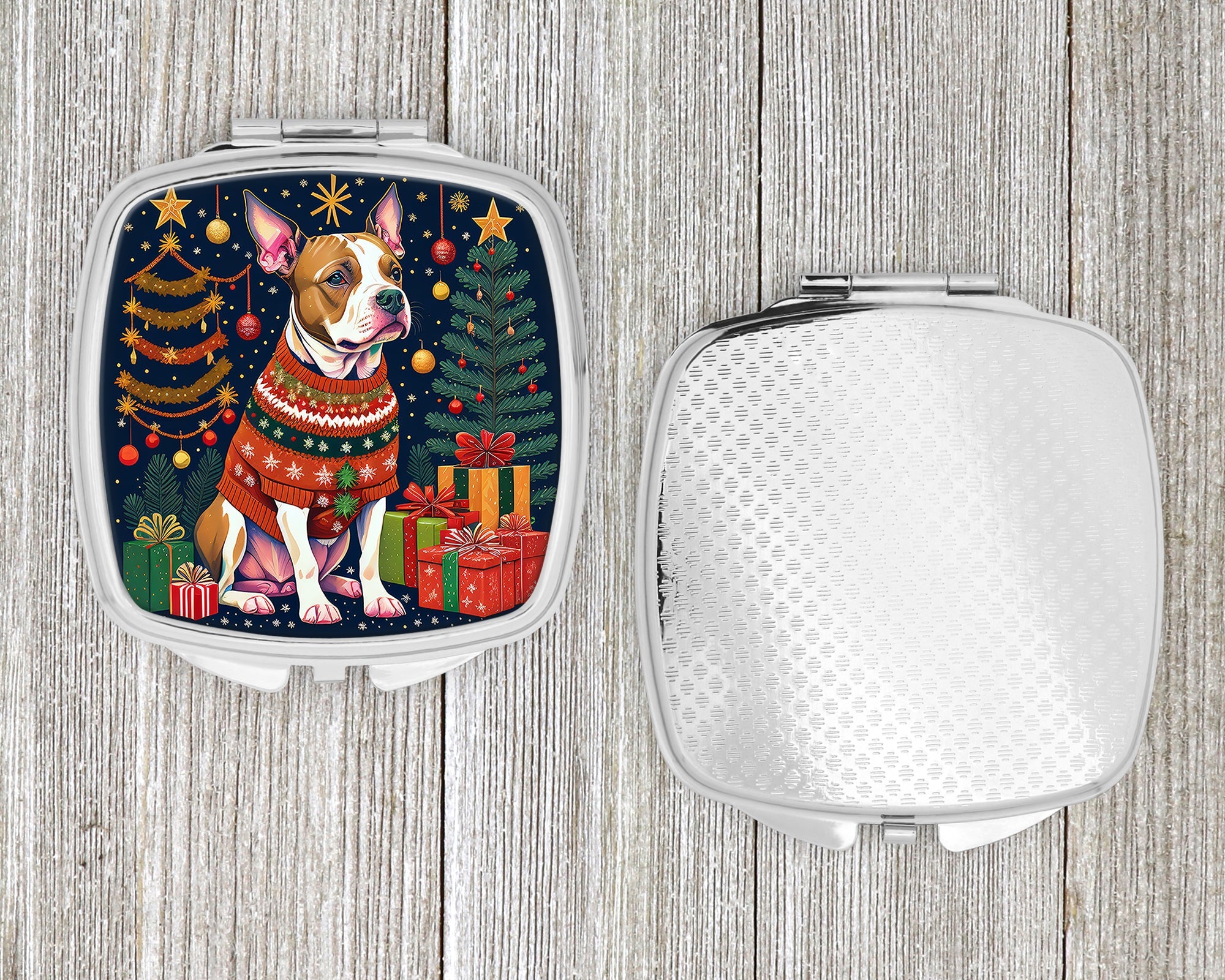 Pit Bull Terrier Christmas Compact Mirror Decorative Travel Makeup Mirror for Women Girls Gifts Pocket Makeup Mirror Folding Handheld