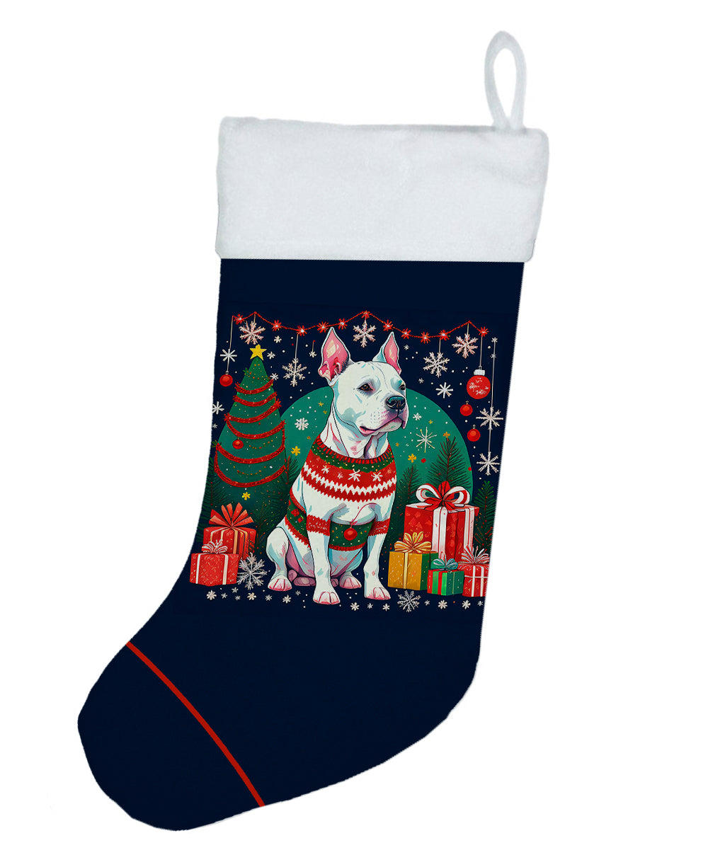 White Pit Bull Terrier Christmas Holiday Stocking Double-Sided Print, Polyester Suede,11x18, Made in USA
