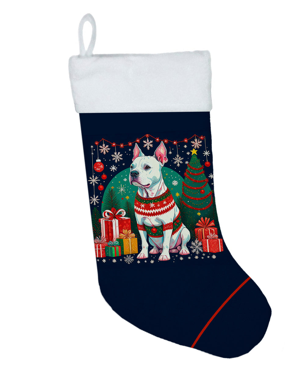 White Pit Bull Terrier Christmas Holiday Stocking Double-Sided Print, Polyester Suede,11x18, Made in USA
