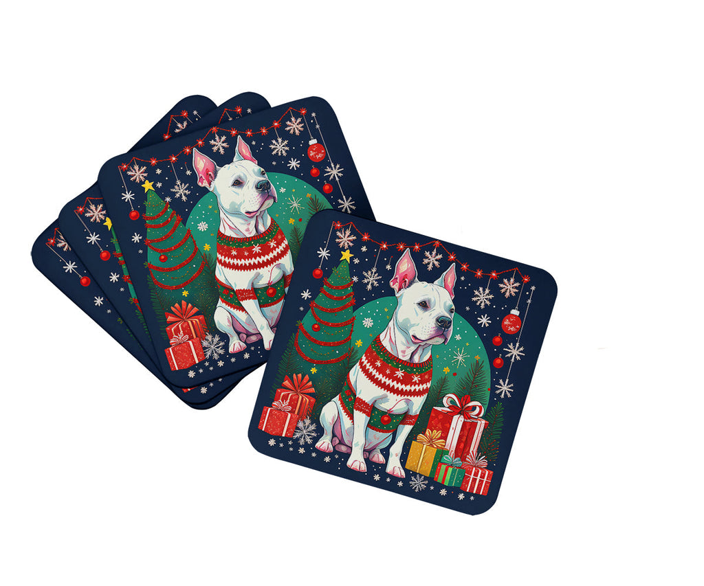 White Pit Bull Terrier Christmas Foam Coasters Set of 4 Cup Coasters for Indoor Outdoor, Tabletop Protection, Anti Slip, Mouse pad Material