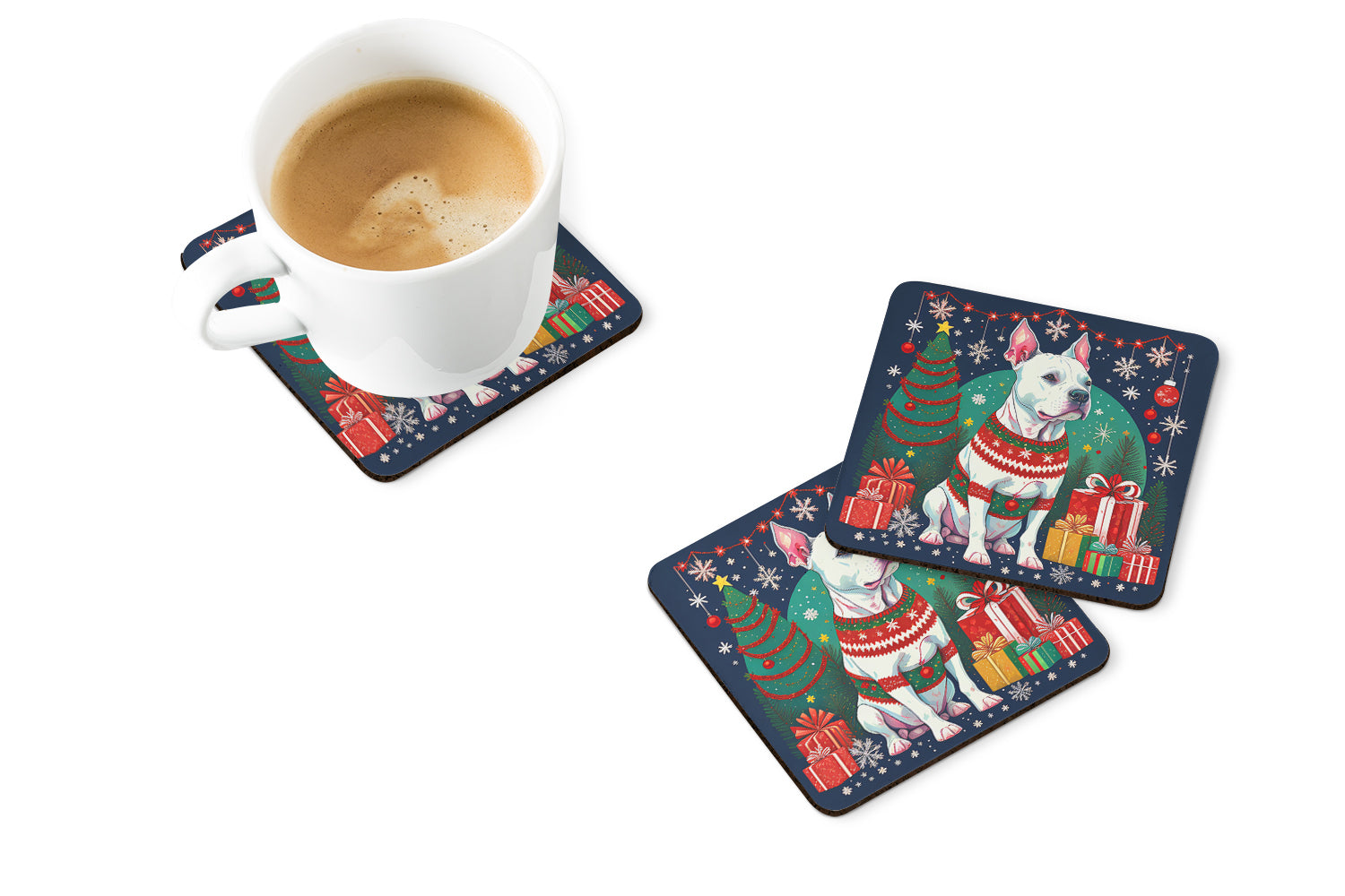 White Pit Bull Terrier Christmas Foam Coasters Set of 4 Cup Coasters for Indoor Outdoor, Tabletop Protection, Anti Slip, Mouse pad Material