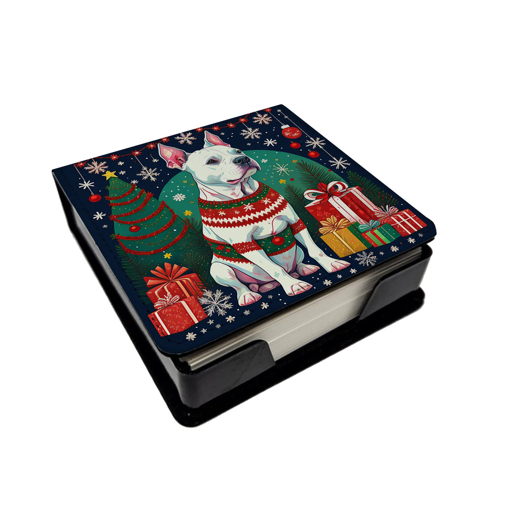 White Pit Bull Terrier Christmas PU Leather Note Paper Holder with Artist-Designed Cover, Desk Accessory, Office Gift