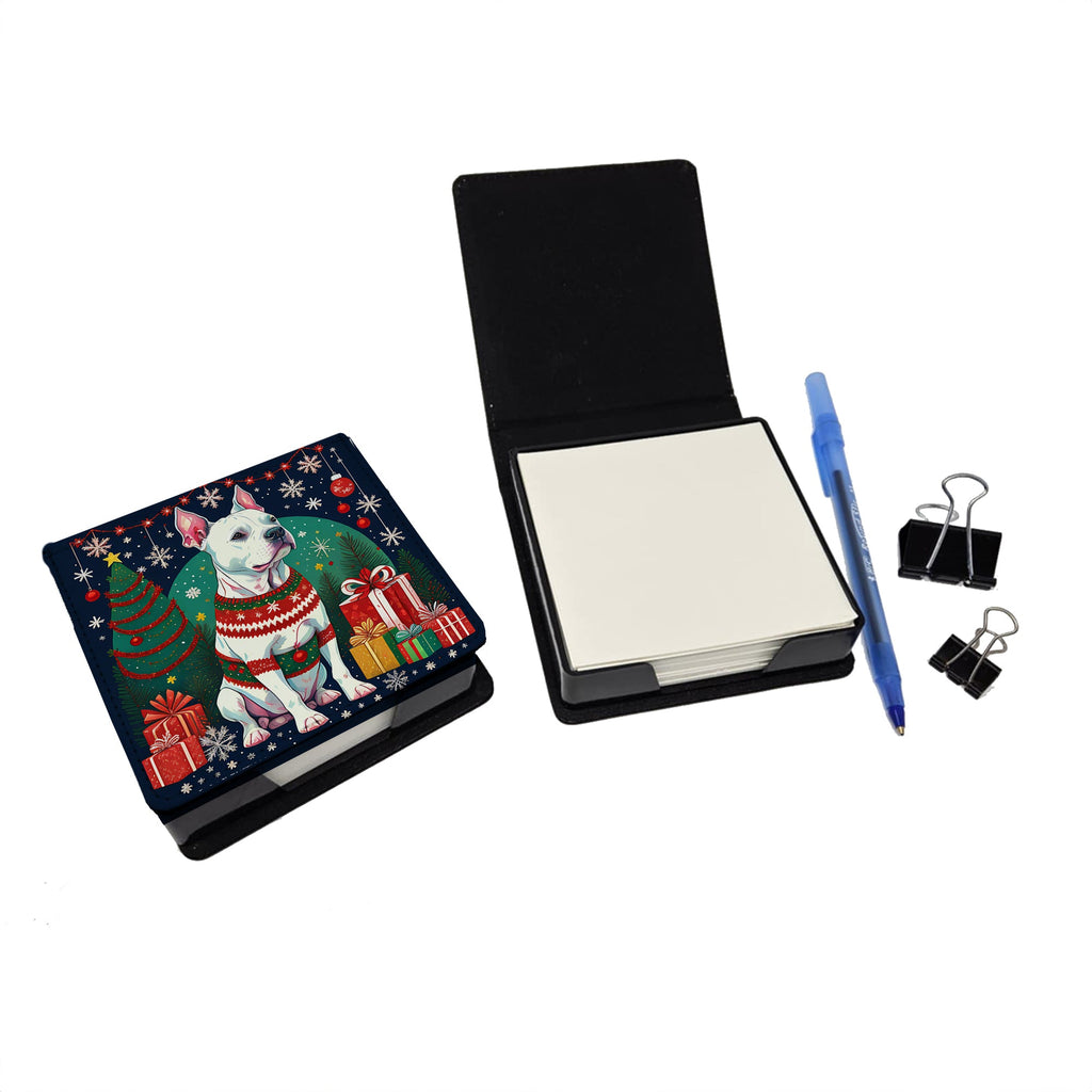 White Pit Bull Terrier Christmas PU Leather Note Paper Holder with Artist-Designed Cover, Desk Accessory, Office Gift
