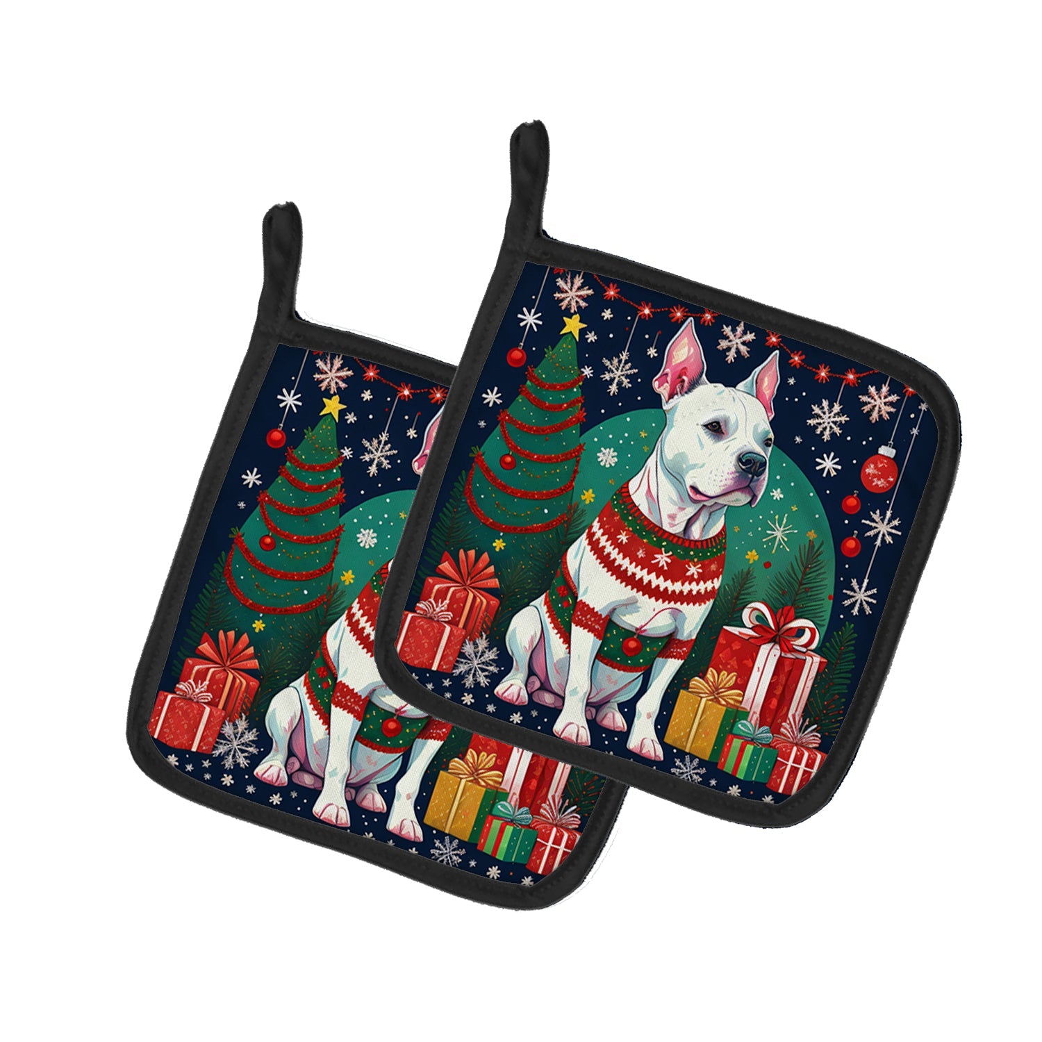White Pit Bull Terrier Christmas Pot Holder Set of 2 Heat Resistant Quilted Hot Pads 7.5 x 7.5 Inch, Insulated Kitchen Trivets for Cooking & Baking