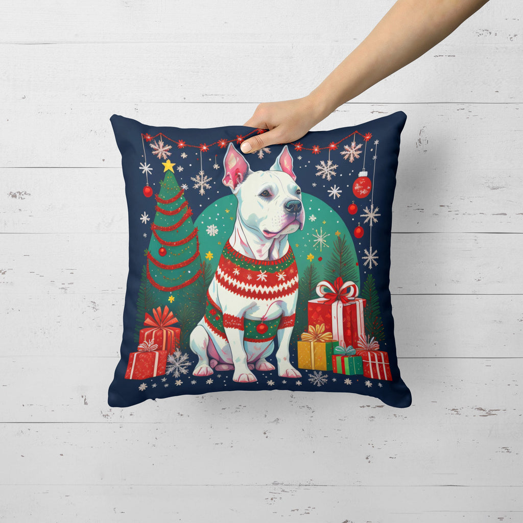 White Pit Bull Terrier Christmas Decorative Throw Pillow 14x14 Indoor Outdoor Accent Cushion, Fabric Cover with Insert for Sofa, Bed, Porch & Living Room