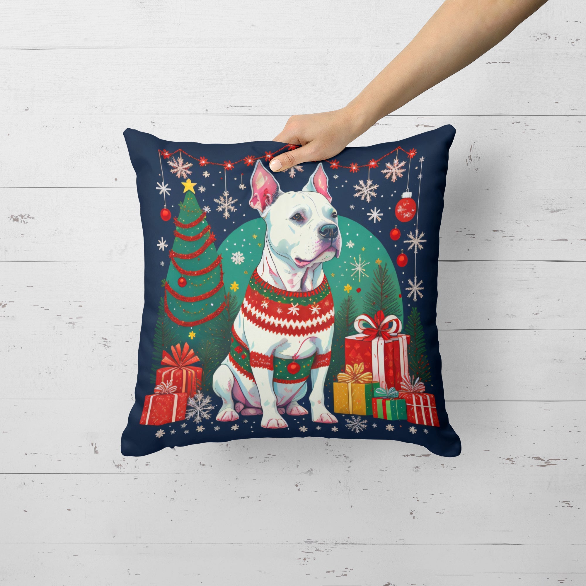 White Pit Bull Terrier Christmas Decorative Throw Pillow 14x14 Indoor Outdoor Accent Cushion, Fabric Cover with Insert for Sofa, Bed, Porch & Living Room