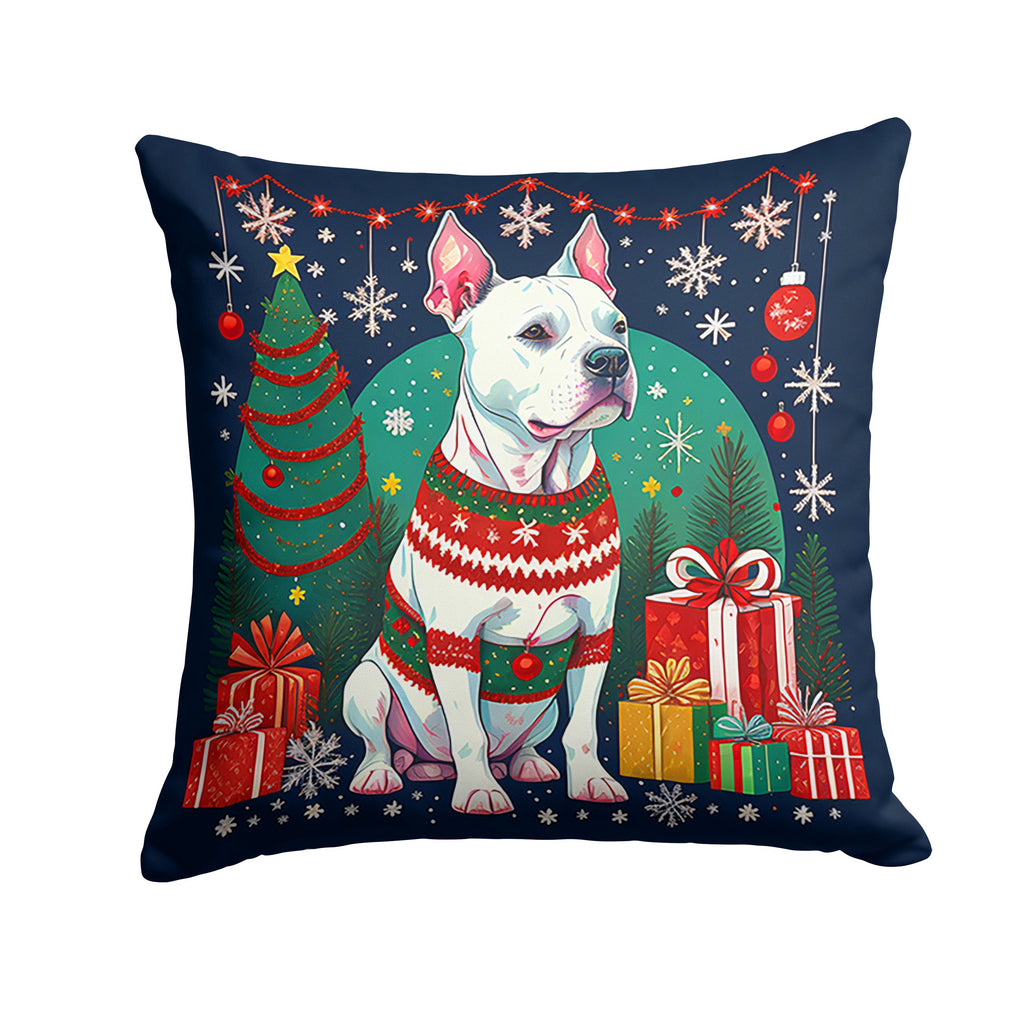 White Pit Bull Terrier Christmas Decorative Throw Pillow 18x18 Indoor Outdoor Accent Cushion, Fabric Cover with Insert for Sofa, Bed, Porch & Living Room