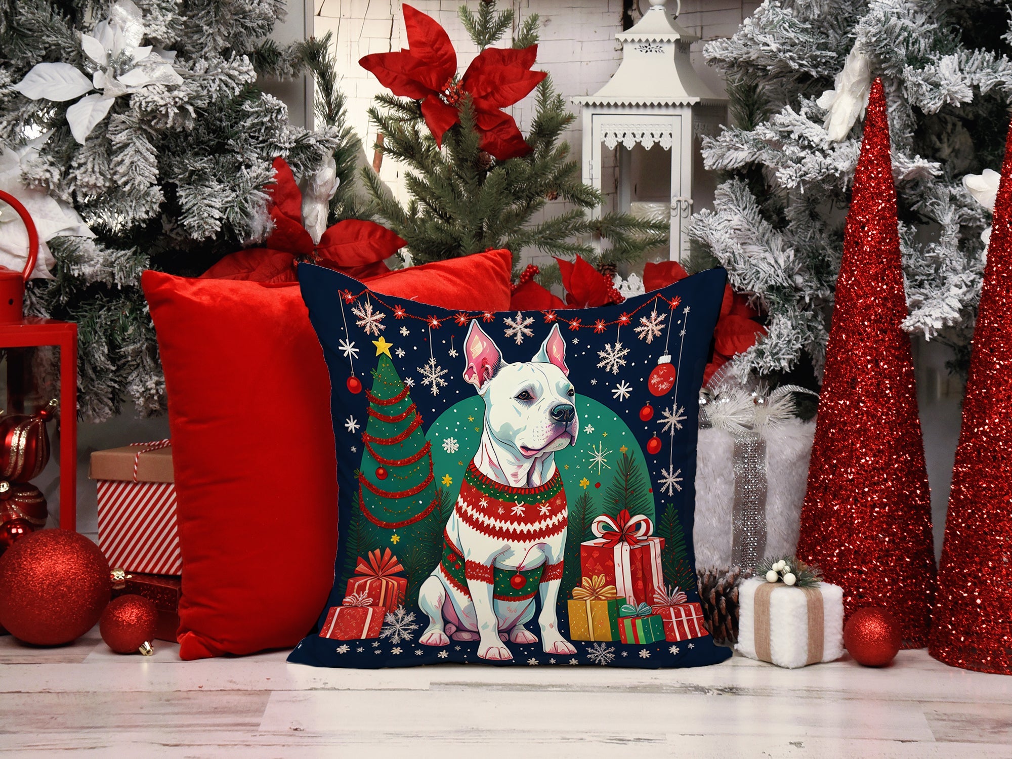 White Pit Bull Terrier Christmas Decorative Throw Pillow 18x18 Indoor Outdoor Accent Cushion, Fabric Cover with Insert for Sofa, Bed, Porch & Living Room