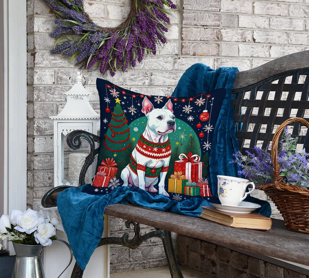 White Pit Bull Terrier Christmas Decorative Throw Pillow 18x18 Indoor Outdoor Accent Cushion, Fabric Cover with Insert for Sofa, Bed, Porch & Living Room