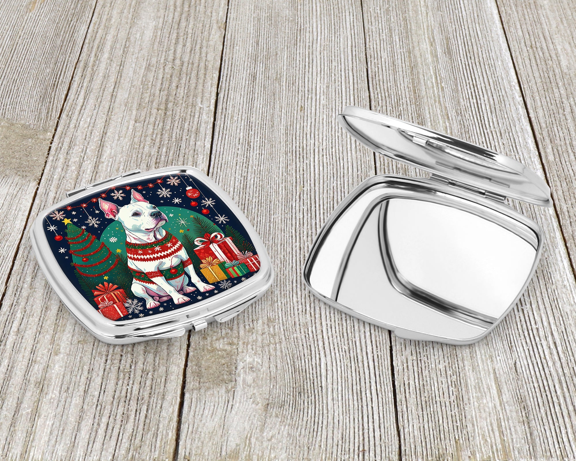 White Pit Bull Terrier Christmas Compact Mirror Decorative Travel Makeup Mirror for Women Girls Gifts Pocket Makeup Mirror Folding Handheld