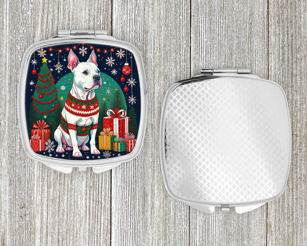 White Pit Bull Terrier Christmas Compact Mirror Decorative Travel Makeup Mirror for Women Girls Gifts Pocket Makeup Mirror Folding Handheld