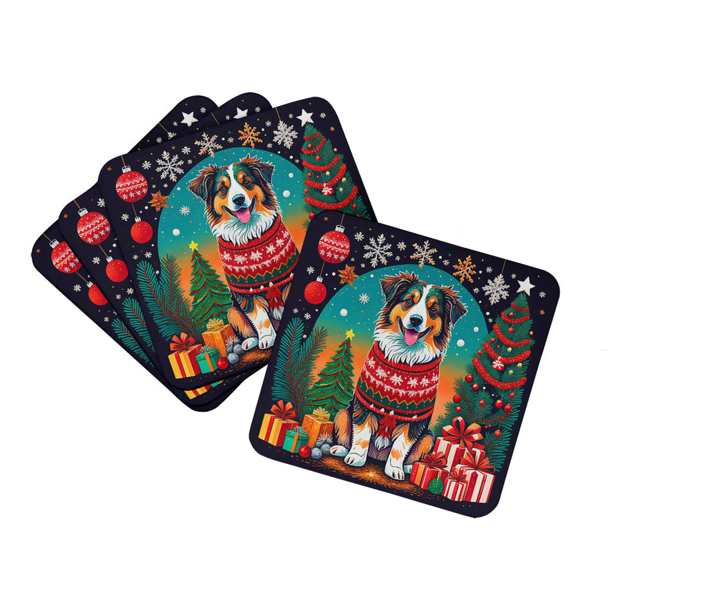 Australian Shepherd Christmas Foam Coasters Set of 4 Cup Coasters for Indoor Outdoor, Tabletop Protection, Anti Slip, Mouse pad Material