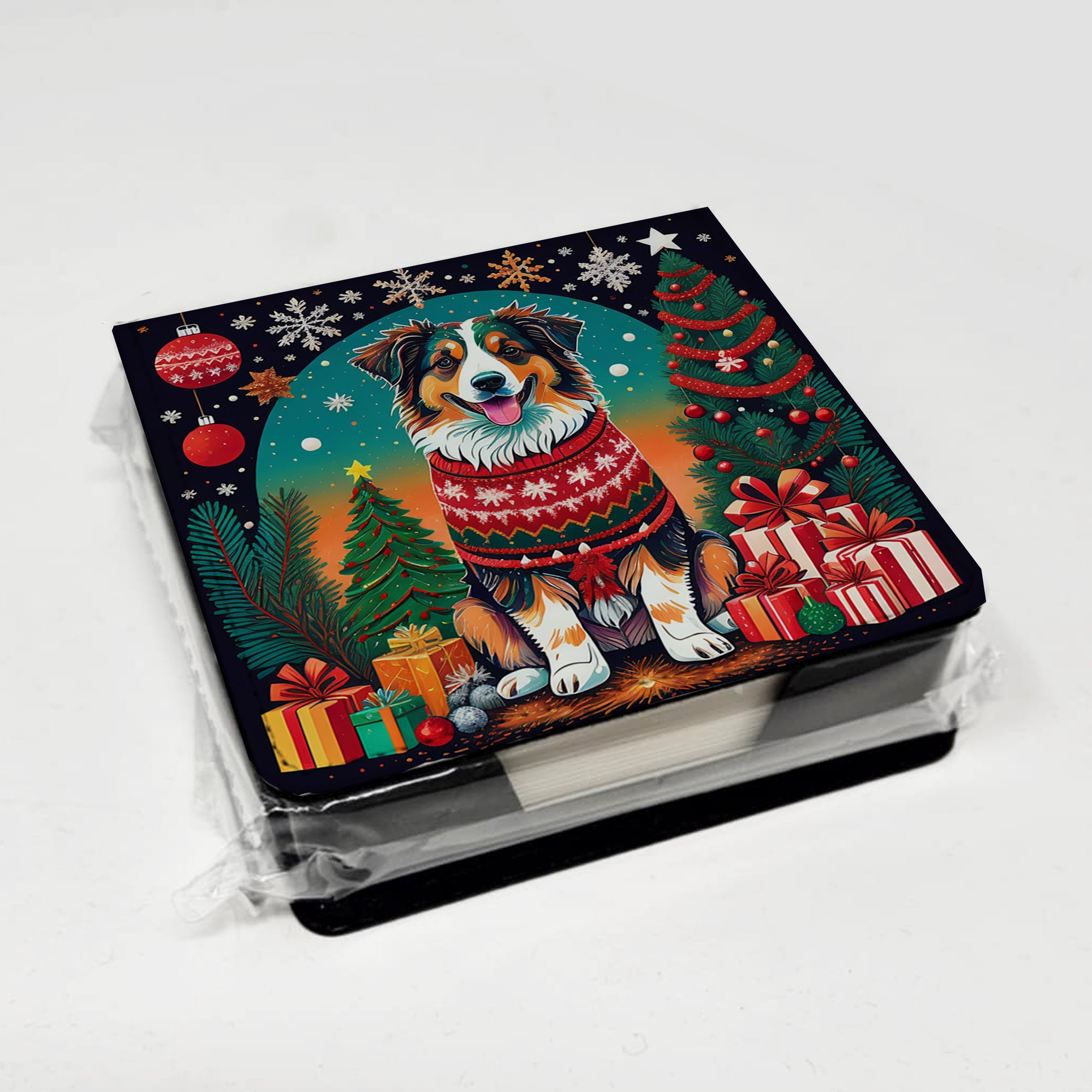 Australian Shepherd Christmas PU Leather Note Paper Holder with Artist-Designed Cover, Desk Accessory, Office Gift