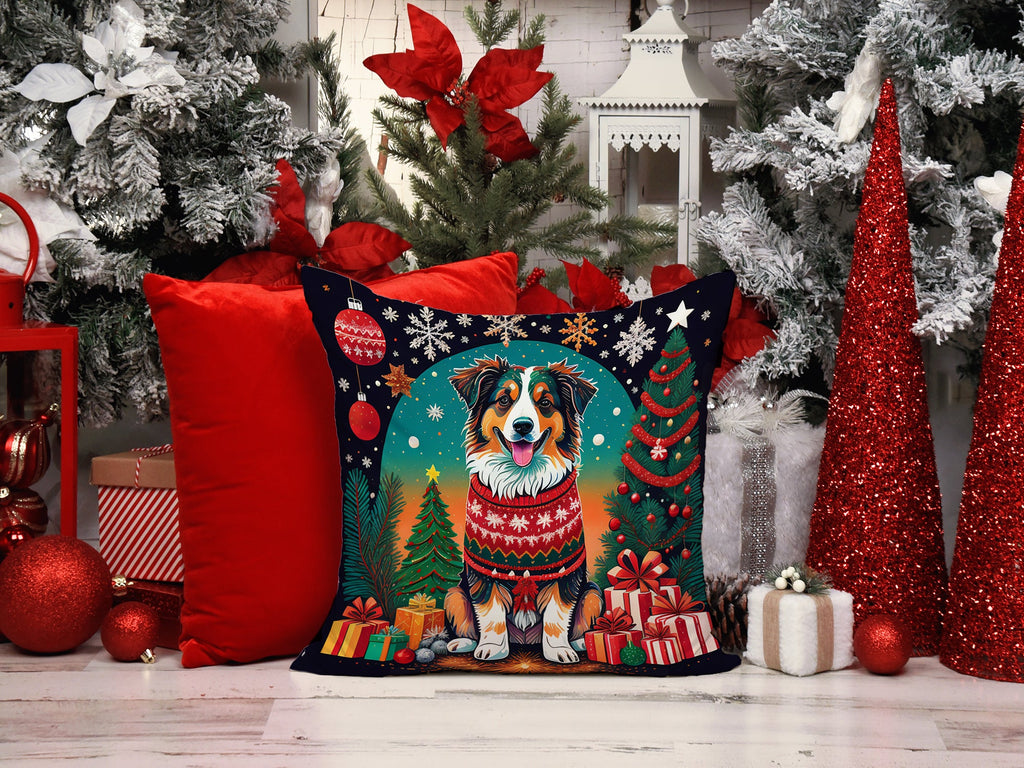 Australian Shepherd Christmas Decorative Throw Pillow 14x14 Indoor Outdoor Accent Cushion, Fabric Cover with Insert for Sofa, Bed, Porch & Living Room
