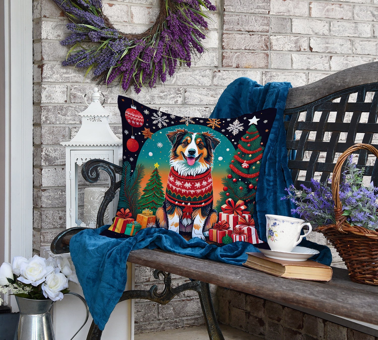 Australian Shepherd Christmas Decorative Throw Pillow 18x18 Indoor Outdoor Accent Cushion, Fabric Cover with Insert for Sofa, Bed, Porch & Living Room