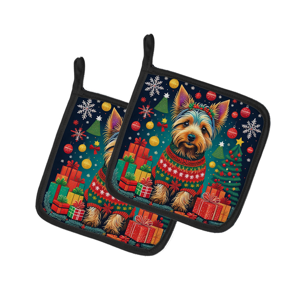 Australian Terrier Christmas Pot Holder Set of 2 Heat Resistant Quilted Hot Pads 7.5 x 7.5 Inch, Insulated Kitchen Trivets for Cooking & Baking