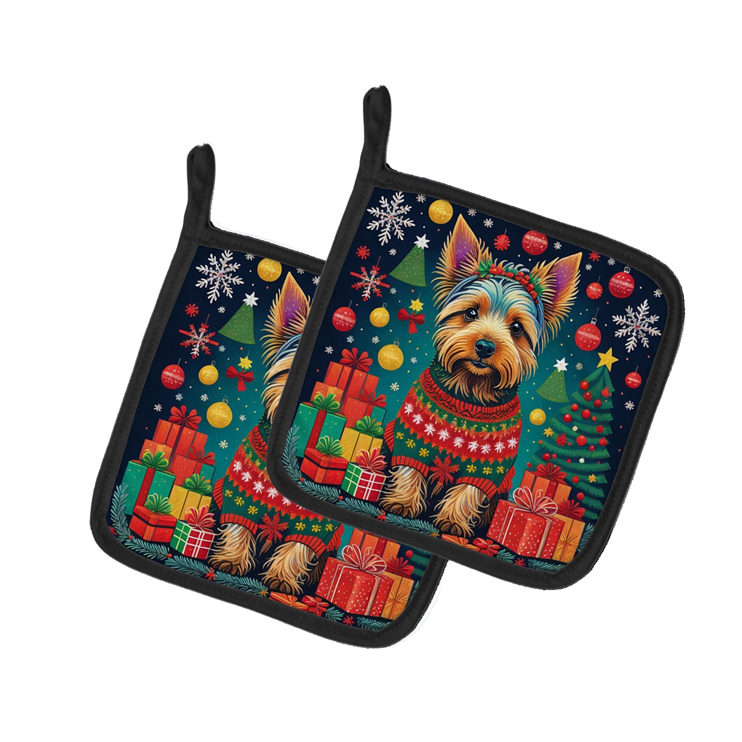 Australian Terrier Christmas Pot Holder Set of 2 Heat Resistant Quilted Hot Pads 7.5 x 7.5 Inch, Insulated Kitchen Trivets for Cooking & Baking