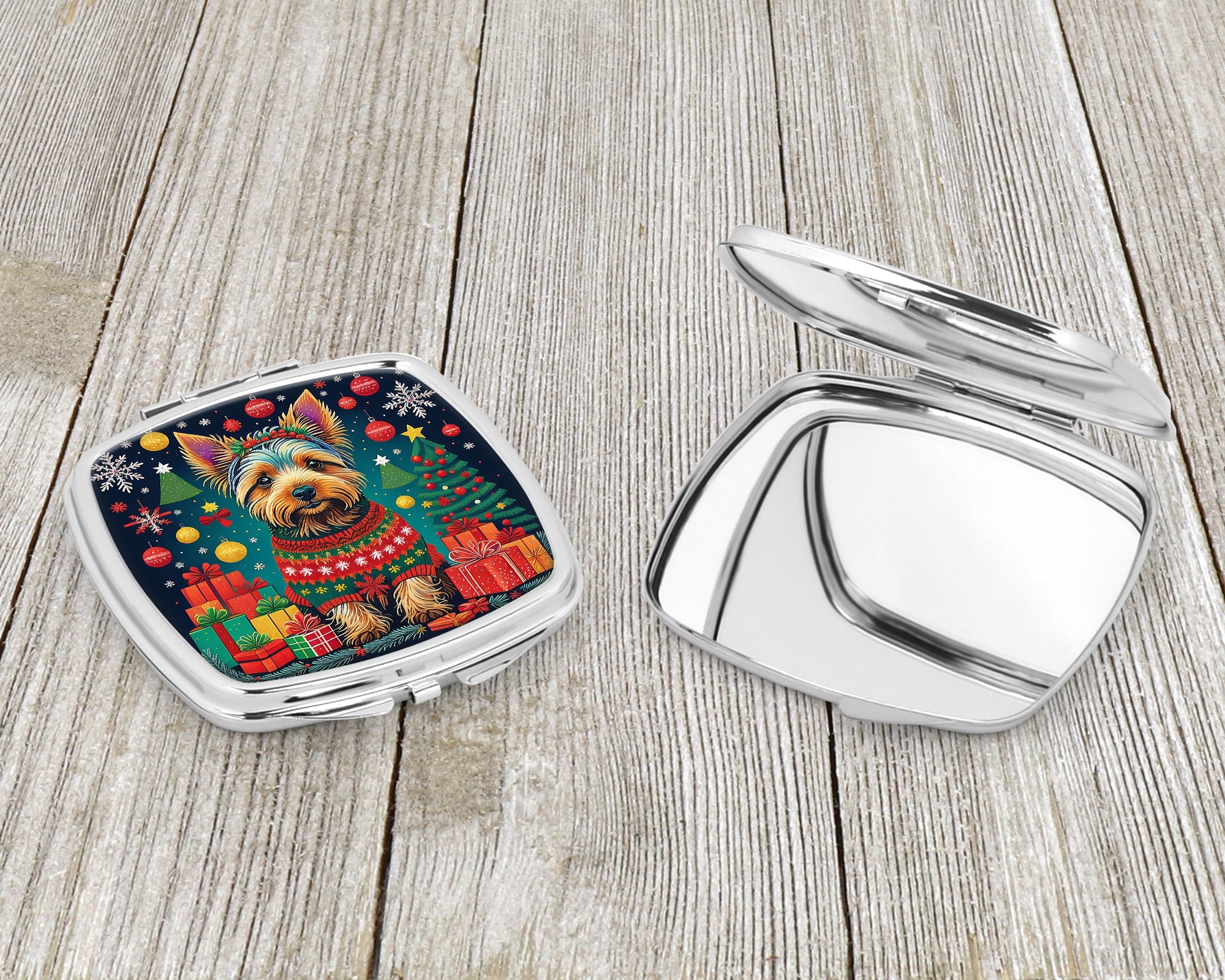 Australian Terrier Christmas Compact Mirror Decorative Travel Makeup Mirror for Women Girls Gifts Pocket Makeup Mirror Folding Handheld
