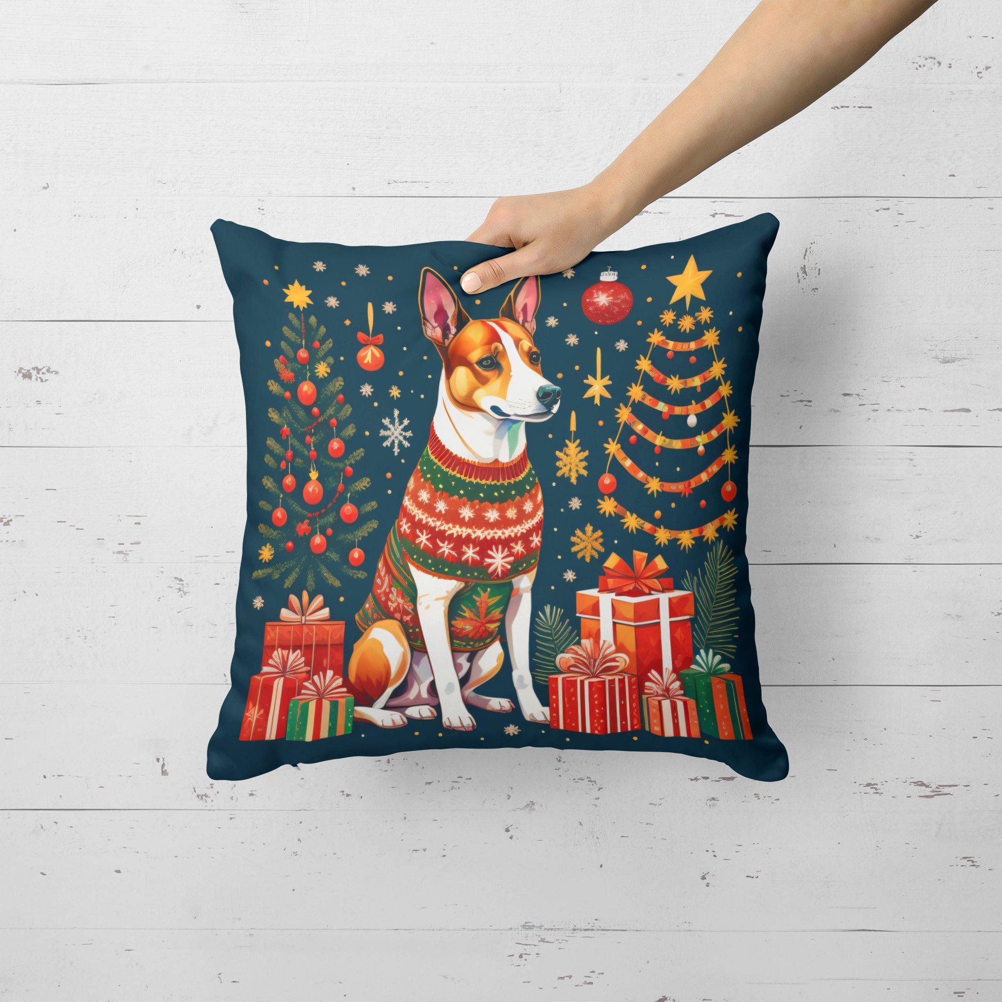 Basenji Christmas Decorative Throw Pillow 14x14 Indoor Outdoor Accent Cushion, Fabric Cover with Insert for Sofa, Bed, Porch & Living Room