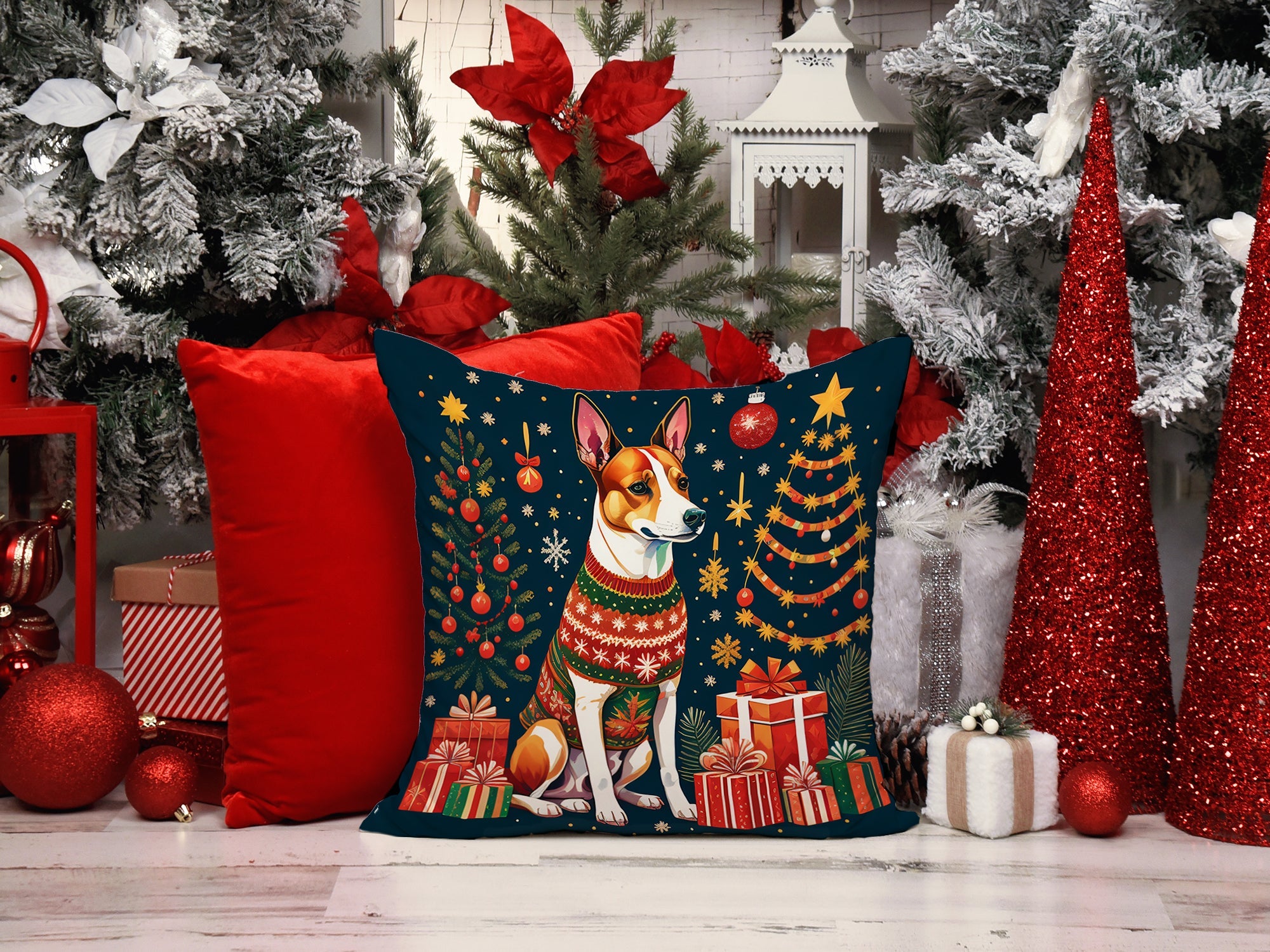 Basenji Christmas Decorative Throw Pillow 14x14 Indoor Outdoor Accent Cushion, Fabric Cover with Insert for Sofa, Bed, Porch & Living Room