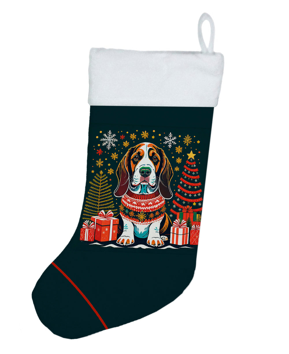 Basset Hound Christmas Holiday Stocking Double-Sided Print, Polyester Suede,11x18, Made in USA