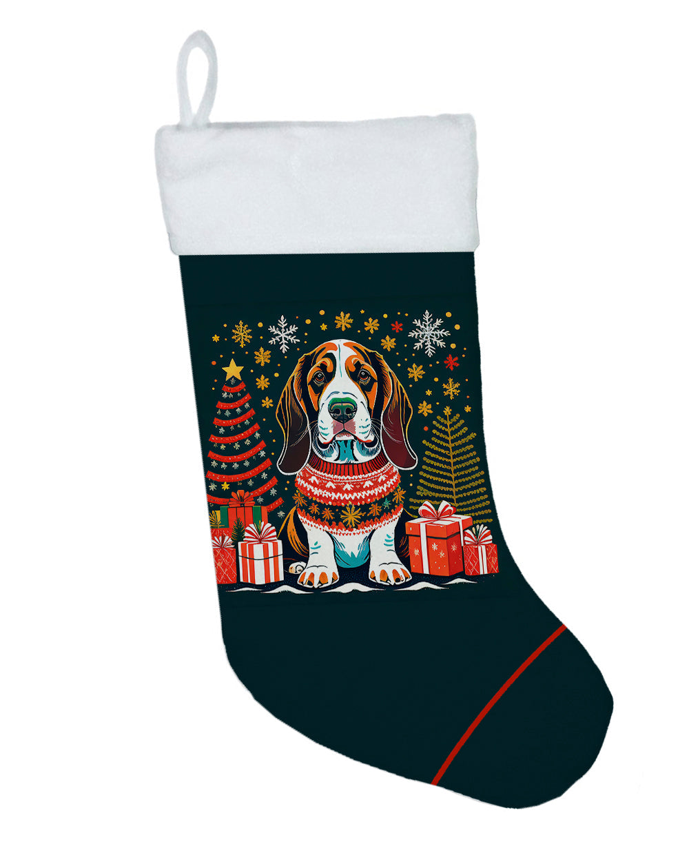 Basset Hound Christmas Holiday Stocking Double-Sided Print, Polyester Suede,11x18, Made in USA
